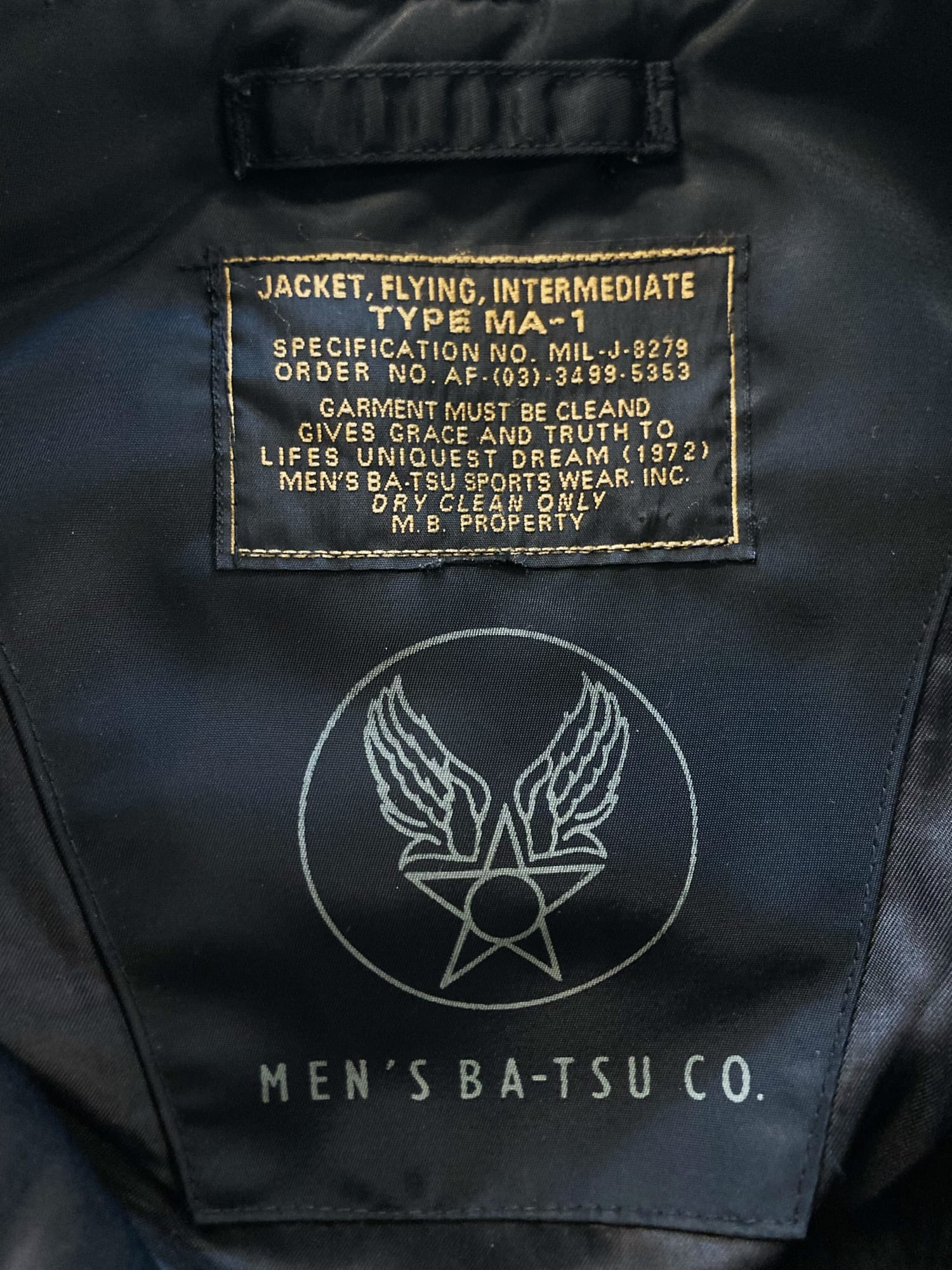 Men’s Ba-tsu 1990s padded black nylon MA-1 bomber jacket