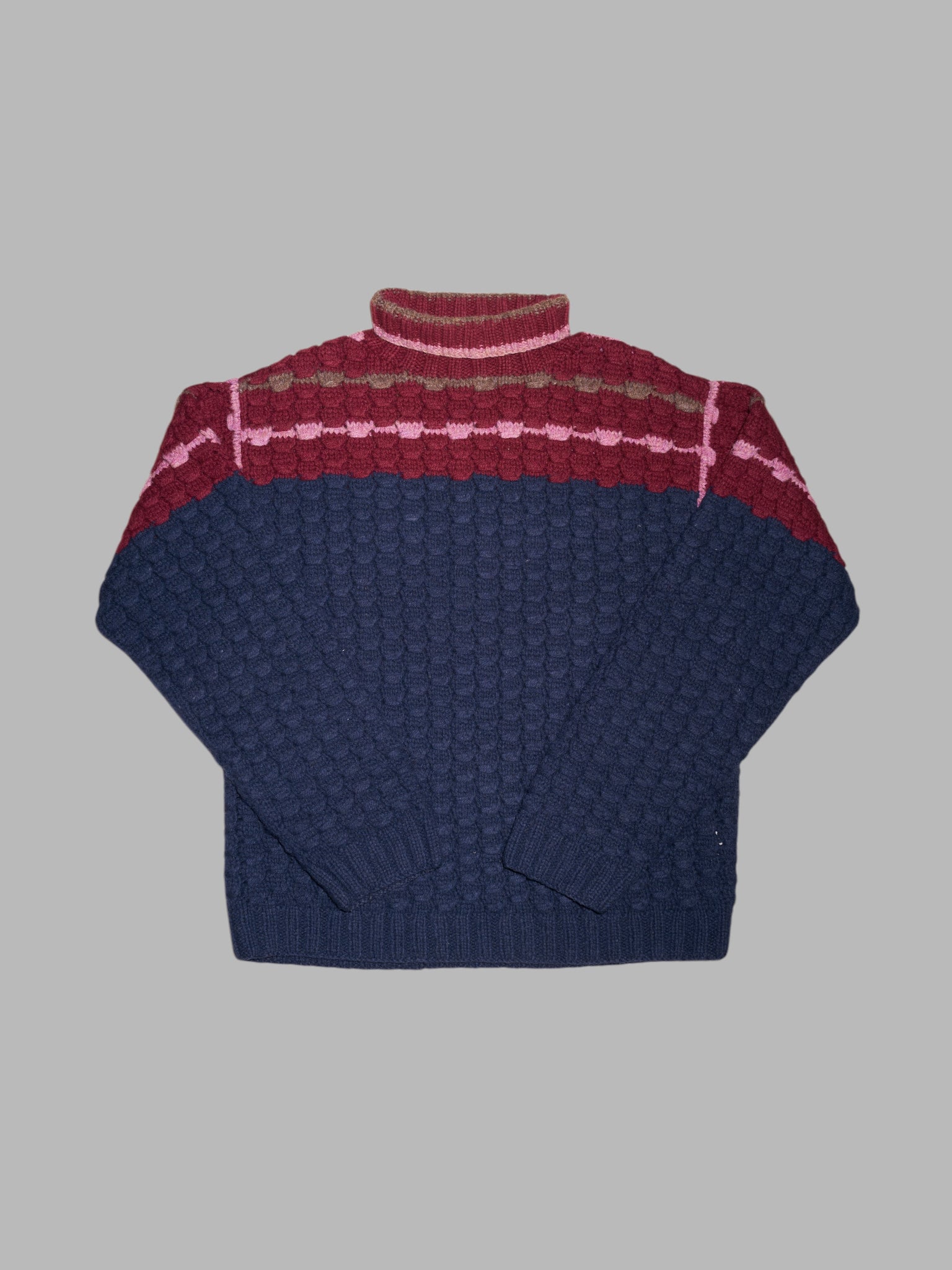 Jose Levy a Paris 1990s navy burgundy wool 3D scale pattern turtleneck jumper