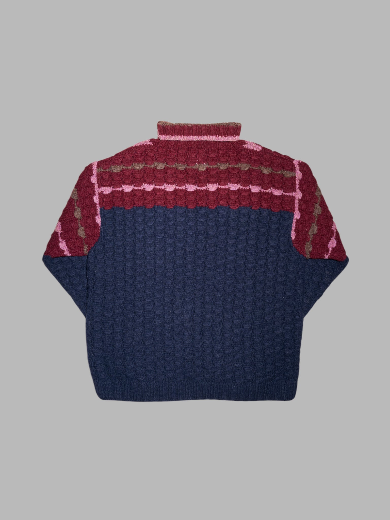 Jose Levy a Paris 1990s navy burgundy wool 3D scale pattern turtleneck jumper