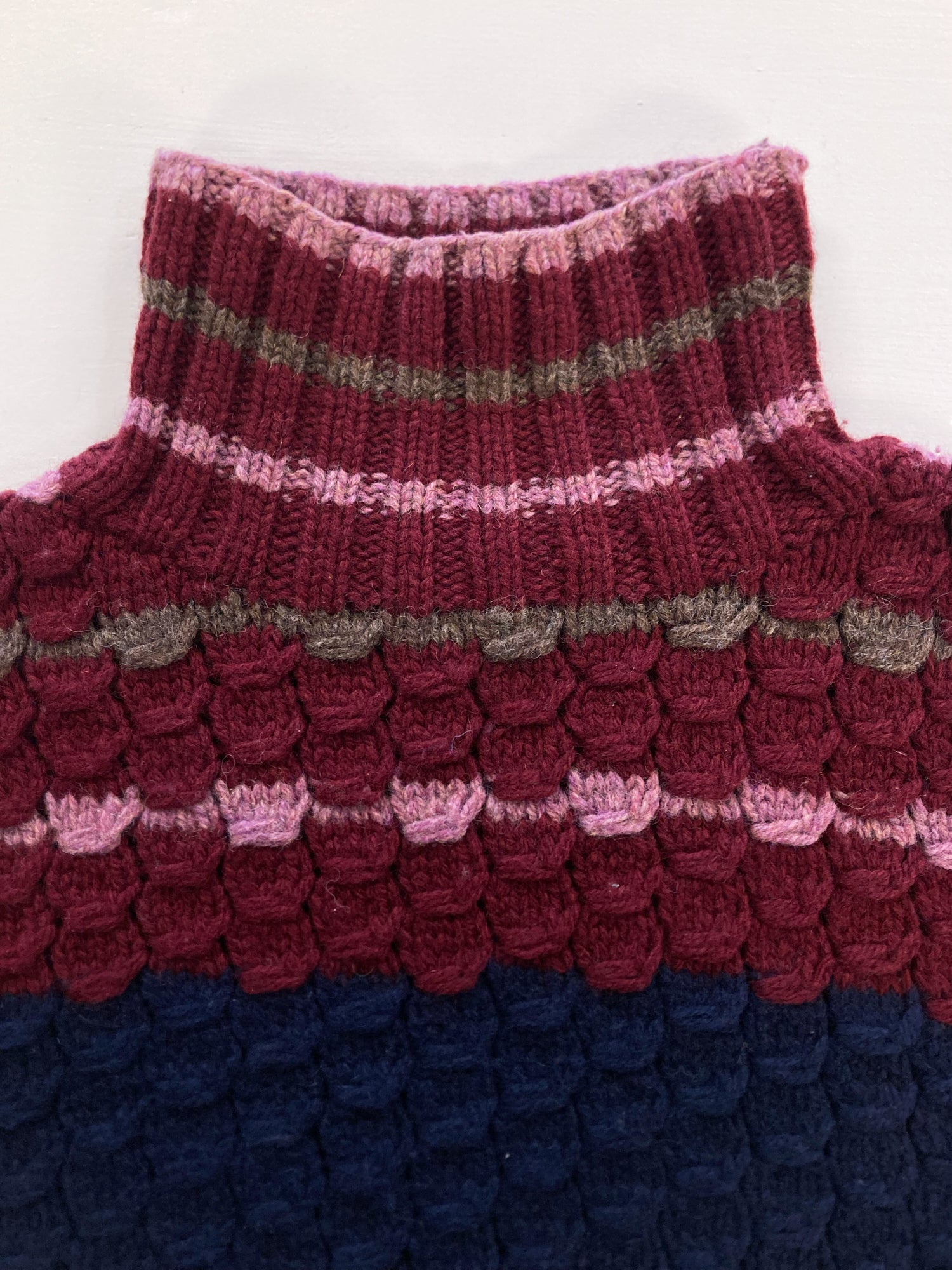 Jose Levy a Paris 1990s navy burgundy wool 3D scale pattern turtleneck jumper