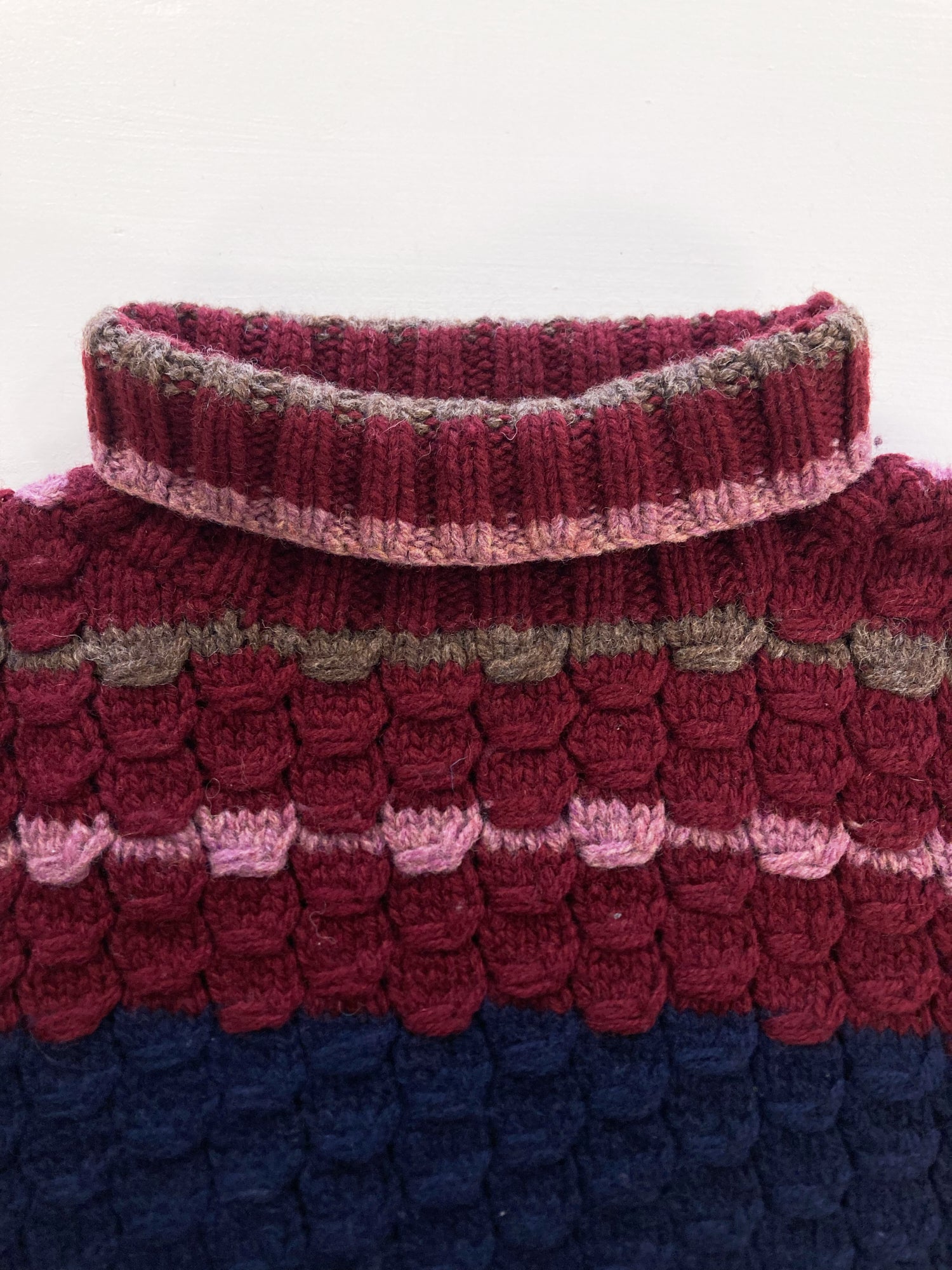 Jose Levy a Paris 1990s navy burgundy wool 3D scale pattern turtleneck jumper