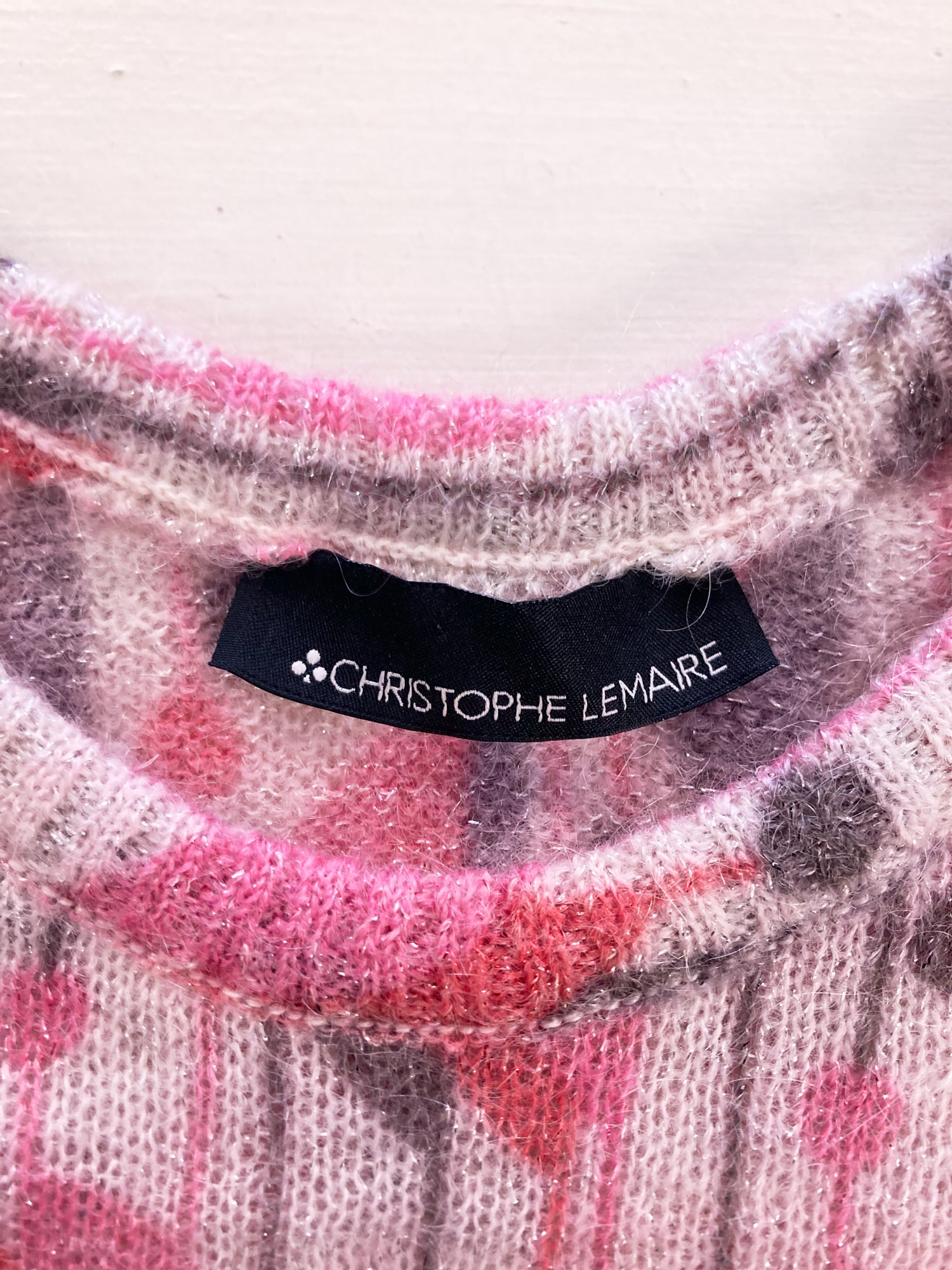 Christophe Lemaire winter 2001 2002 pink leaf print mohair blend knit sweater