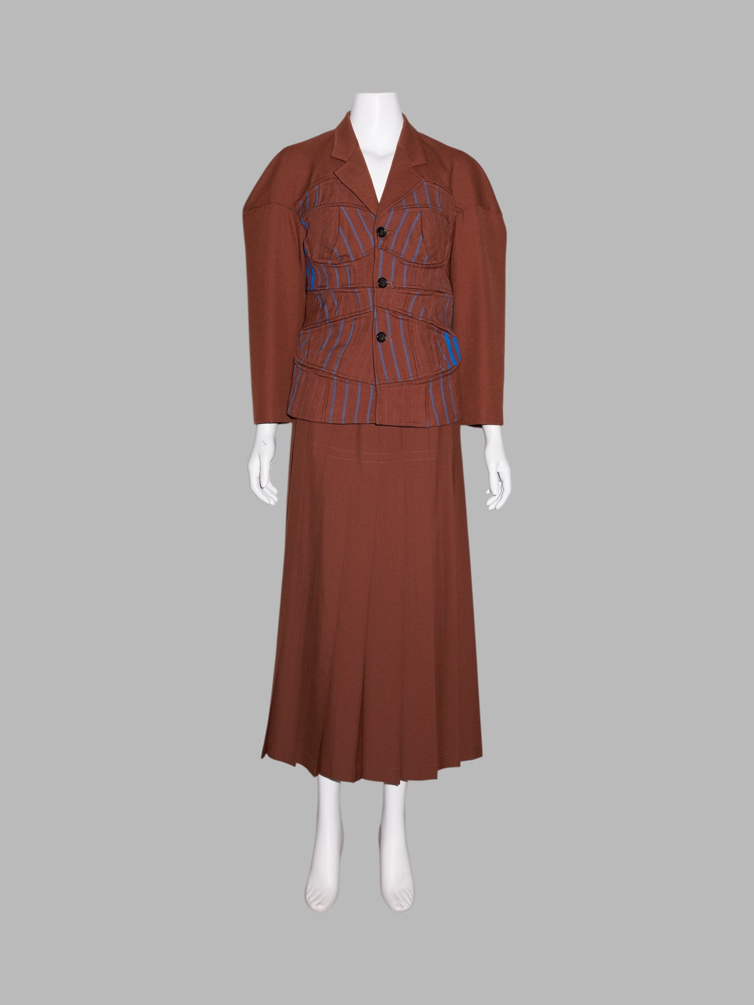 Comme des Garcons winter 1990 brown wool distorted bodice pleated skirt suit