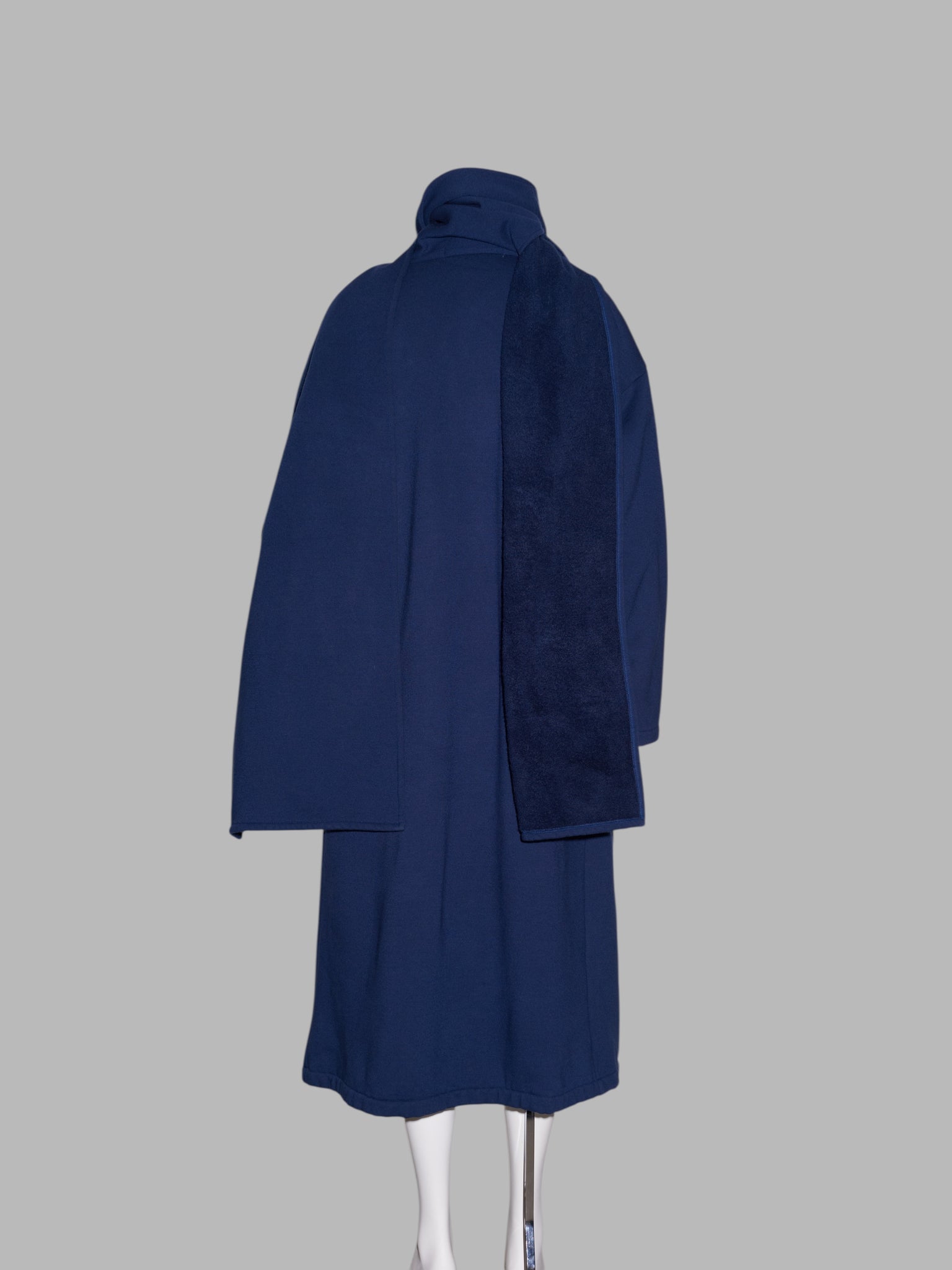 Norma Kamali 1980s long navy fleece gown coat with integrated scarf