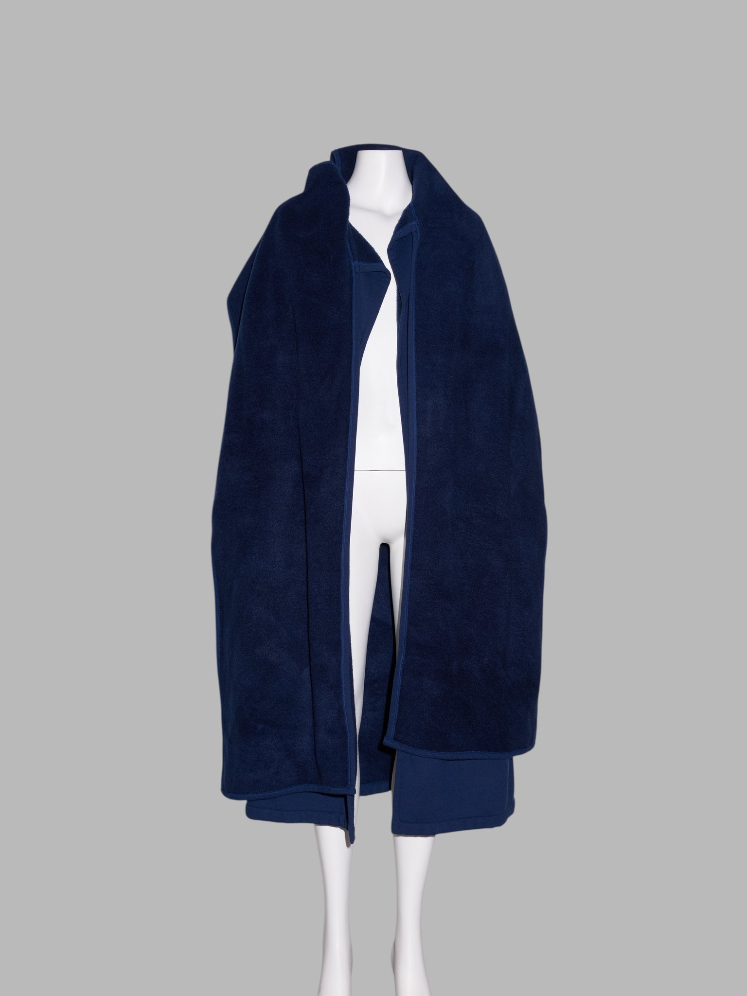 Norma Kamali 1980s long navy fleece gown coat with integrated scarf