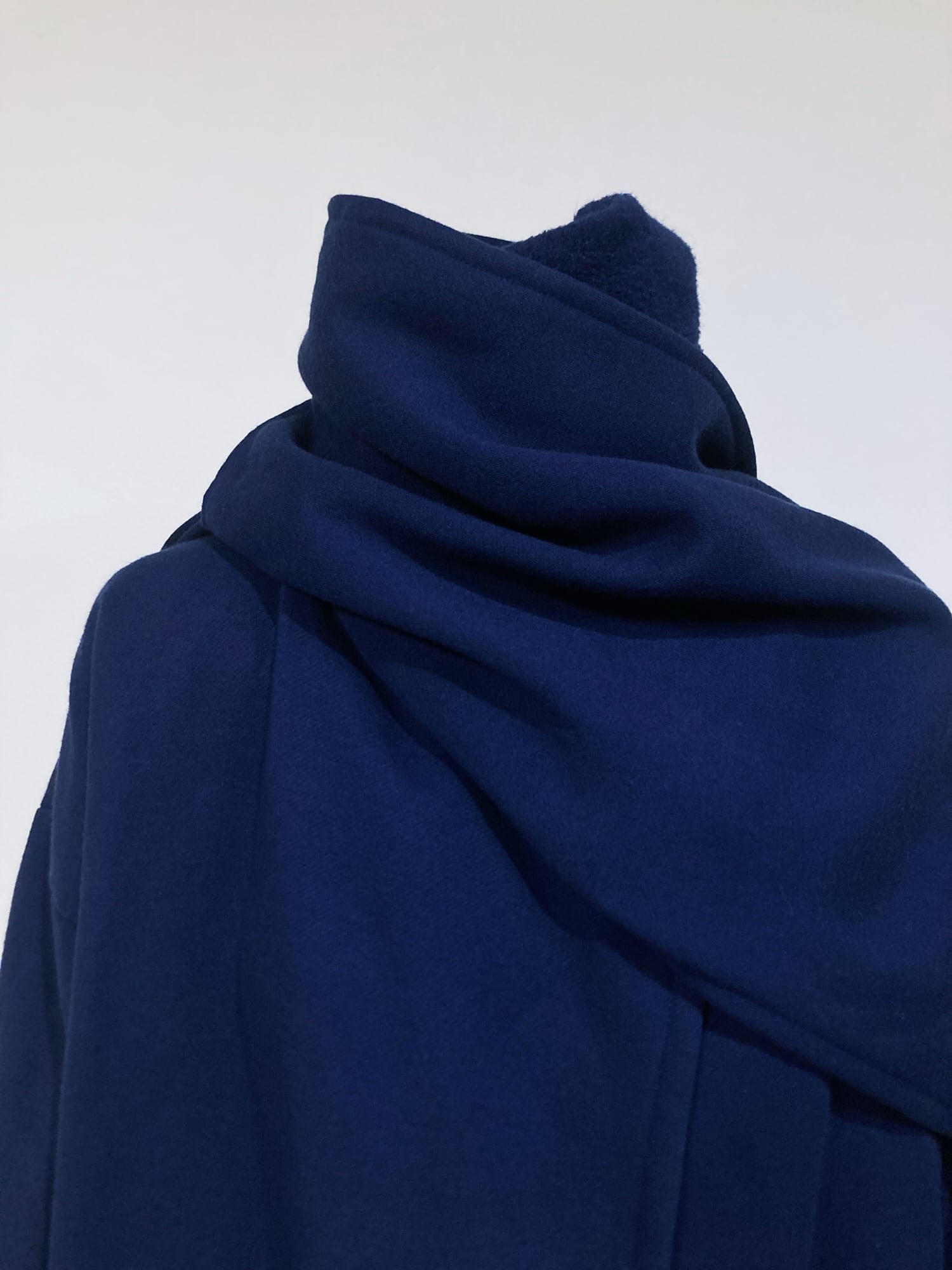 Norma Kamali 1980s long navy fleece gown coat with integrated scarf