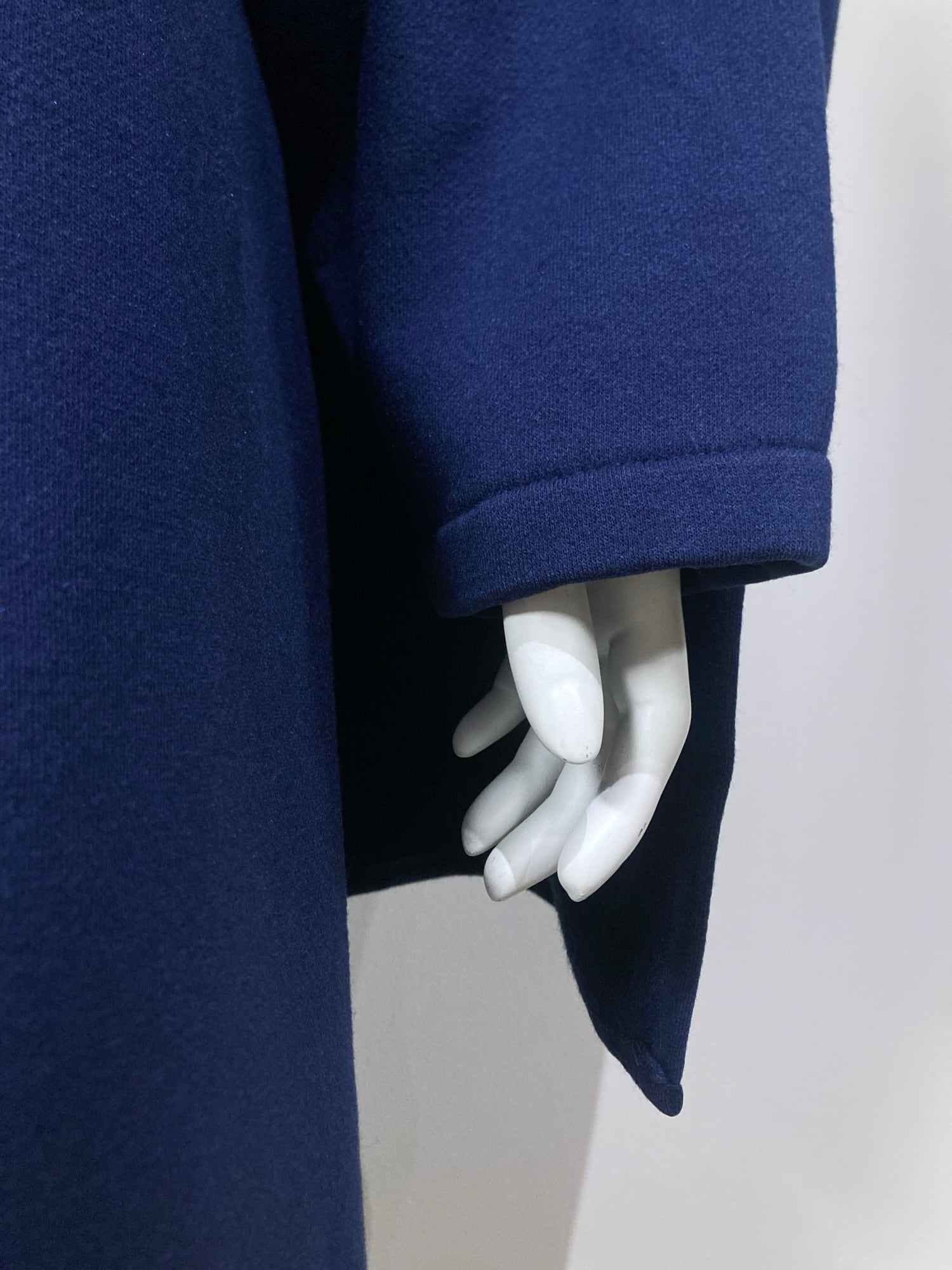 Norma Kamali 1980s long navy fleece gown coat with integrated scarf