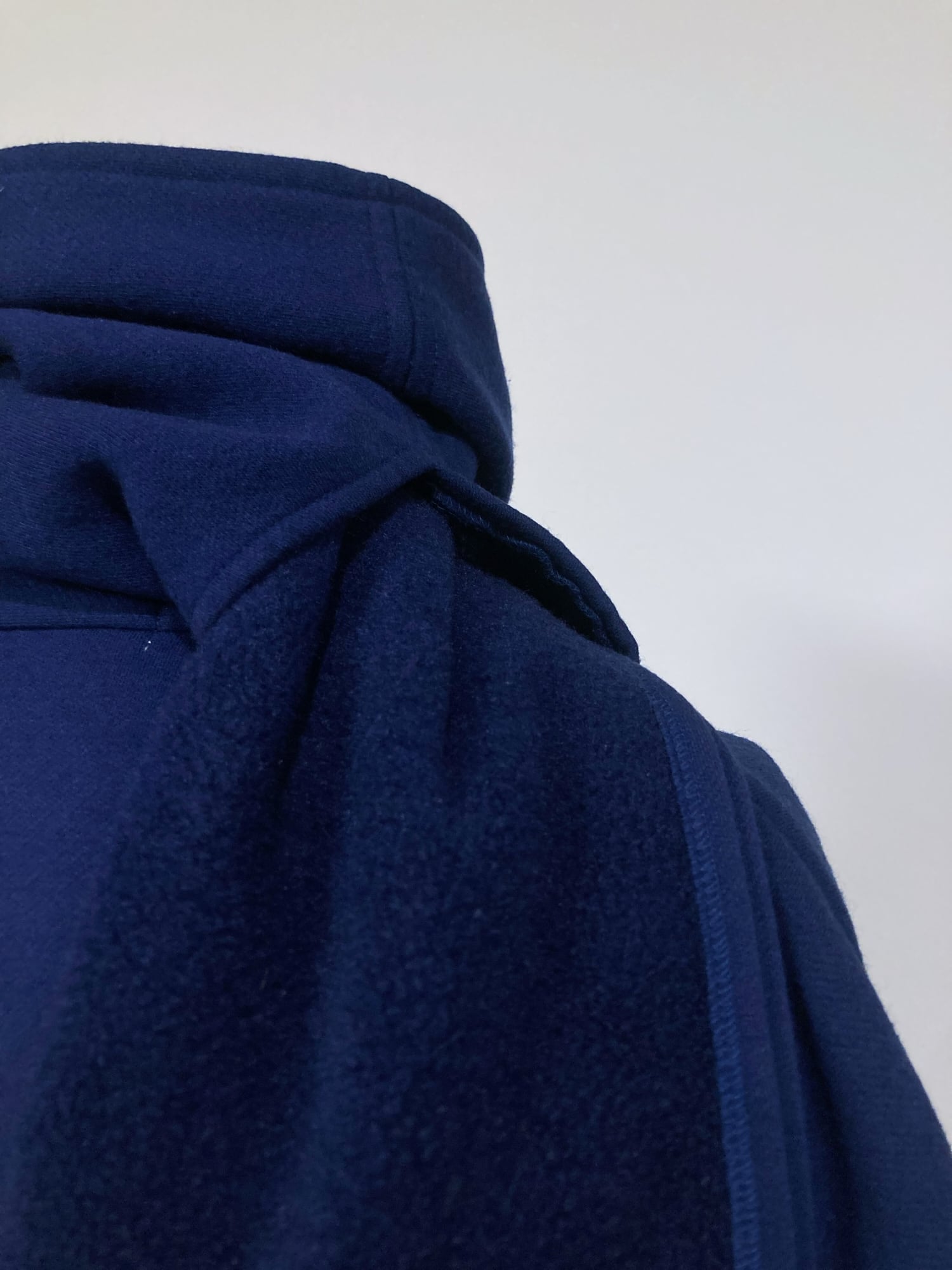 Norma Kamali 1980s long navy fleece gown coat with integrated scarf