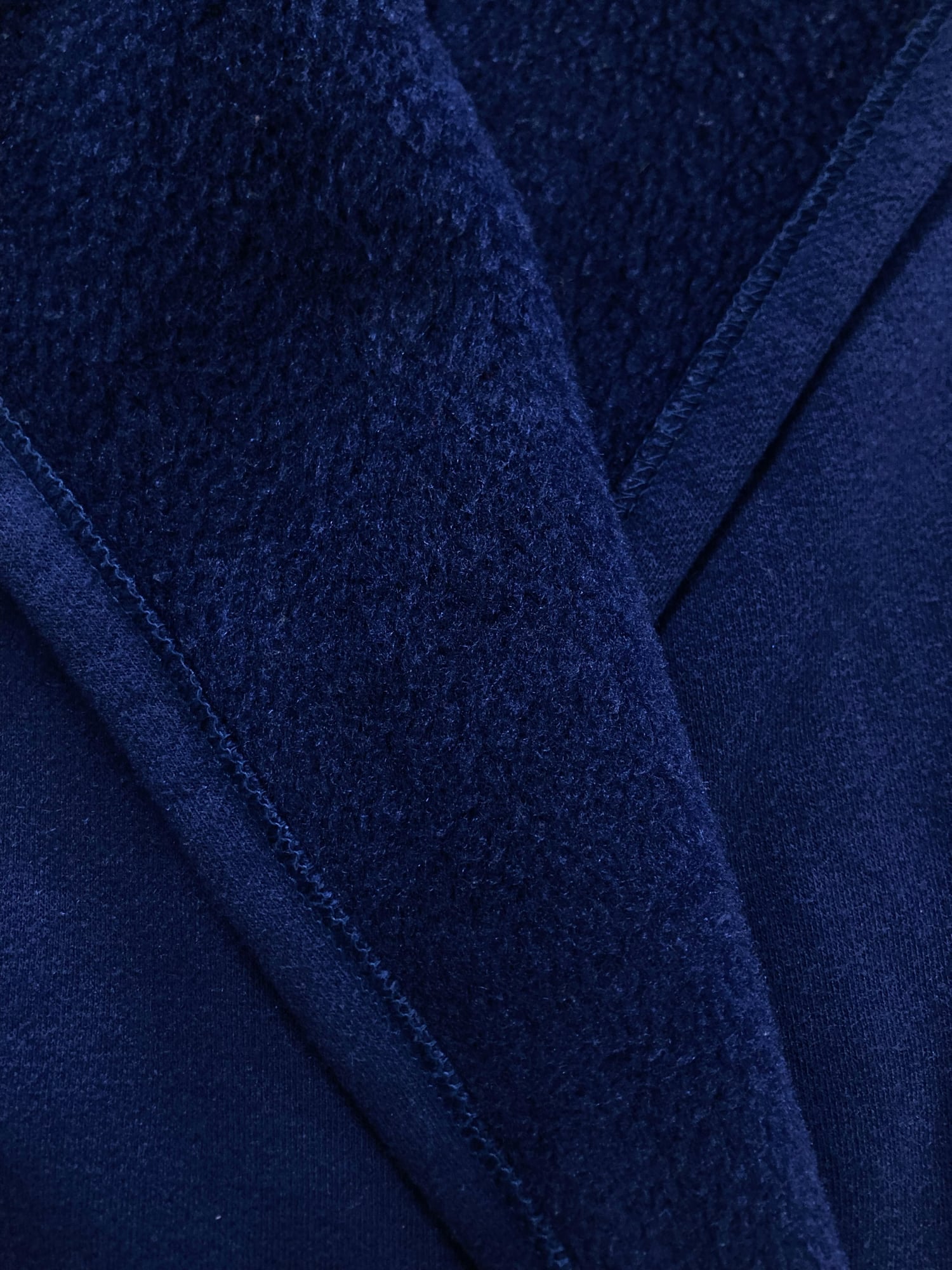 Norma Kamali 1980s long navy fleece gown coat with integrated scarf