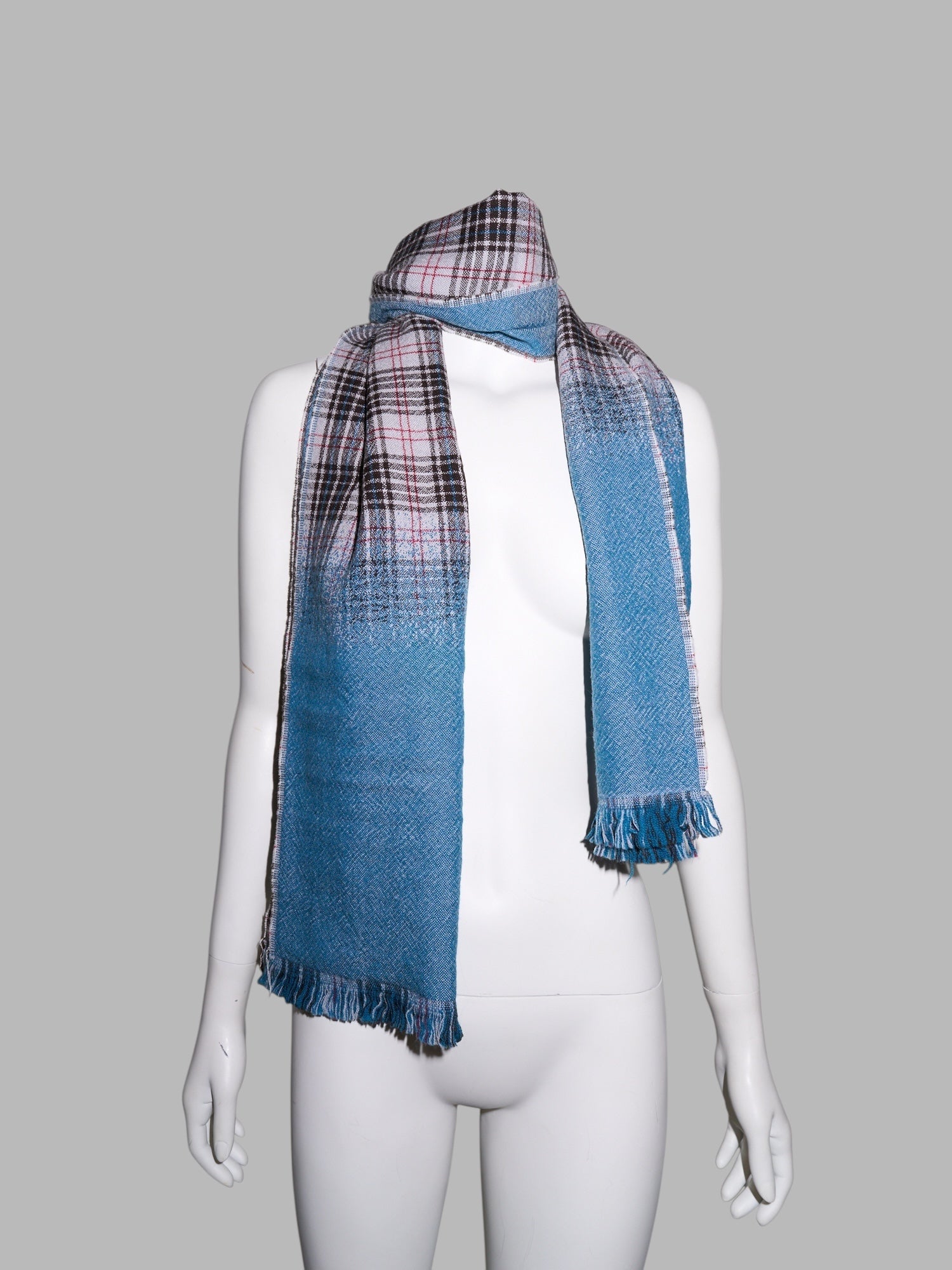 Romeo Gigli two way multicolour plaid and solid blue wool scarf