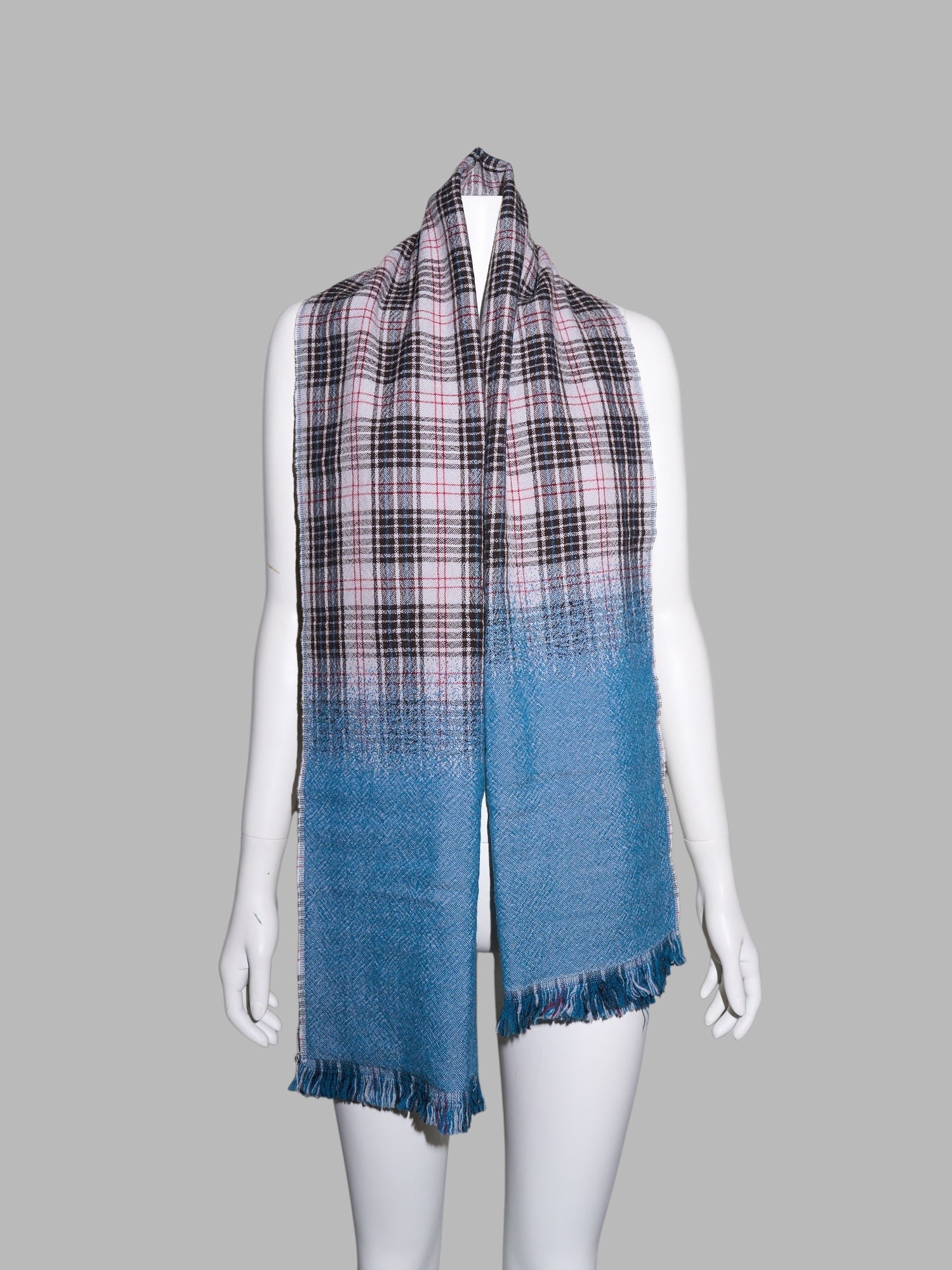 Romeo Gigli two way multicolour plaid and solid blue wool scarf