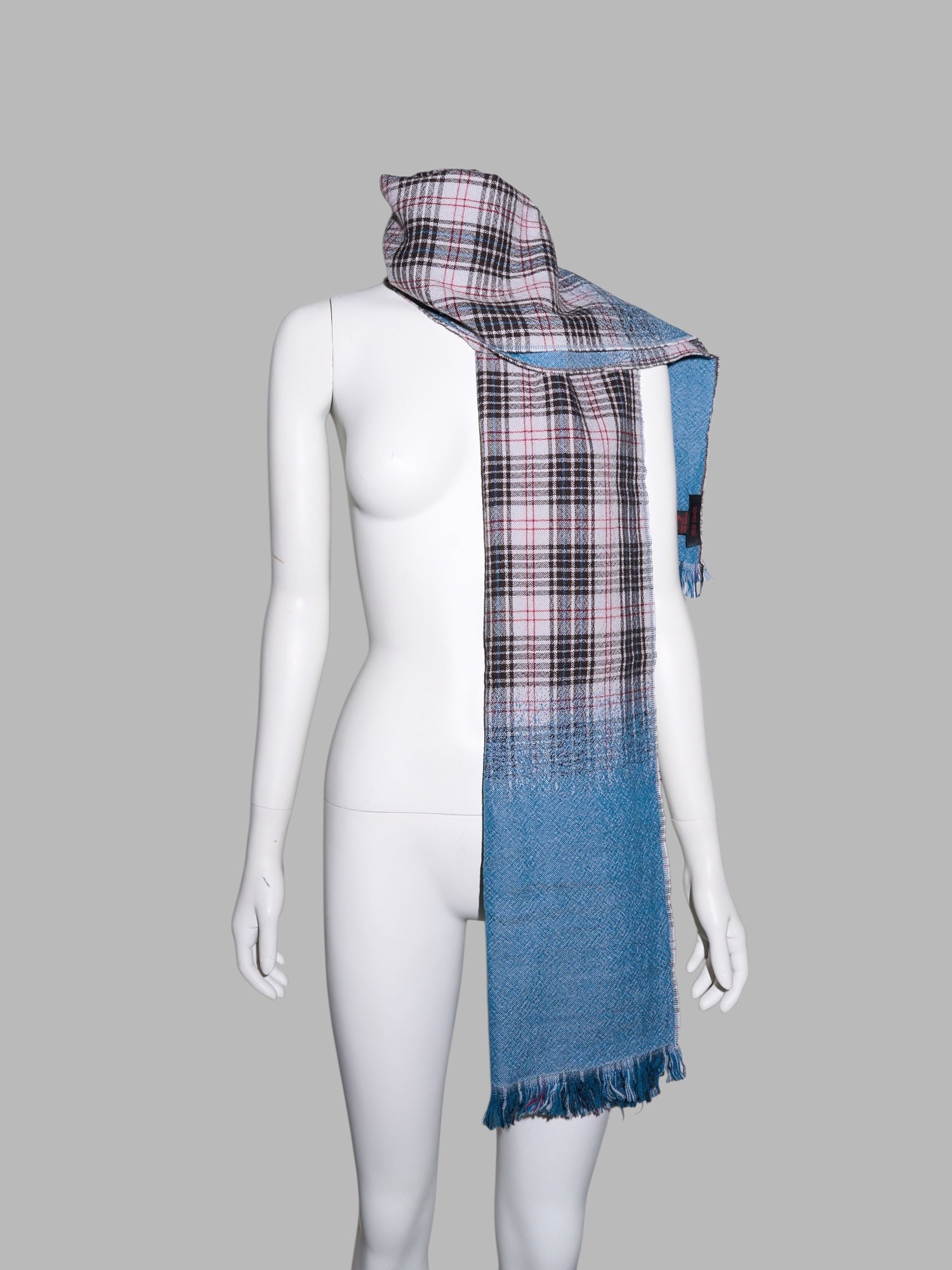 Romeo Gigli two way multicolour plaid and solid blue wool scarf