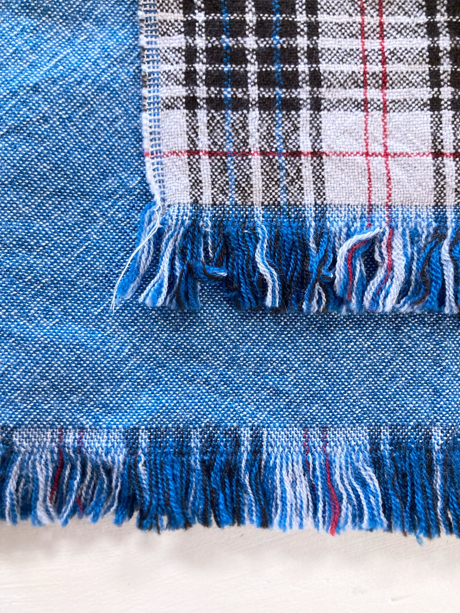 Romeo Gigli two way multicolour plaid and solid blue wool scarf