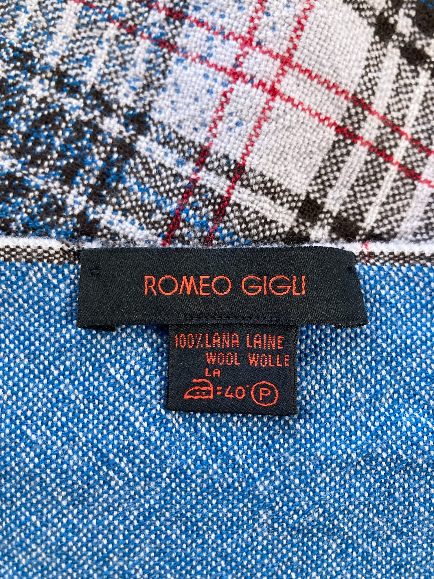 Romeo Gigli two way multicolour plaid and solid blue wool scarf