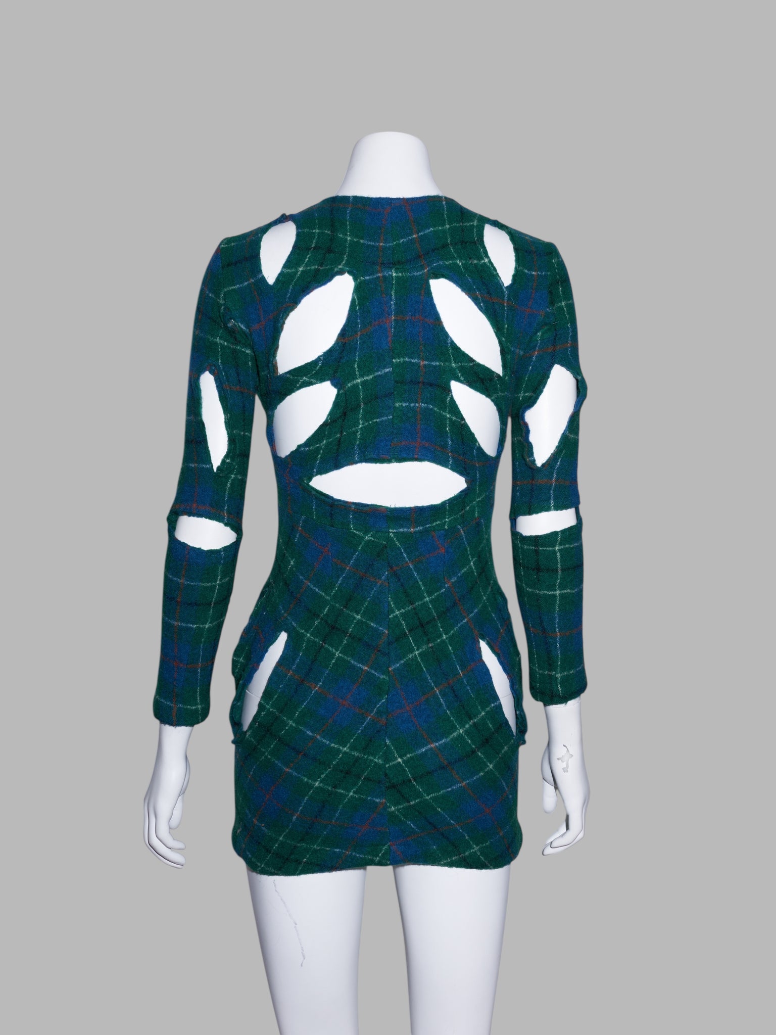 Junya Watanabe spring 1996 green plaid boiled wool slashed cut out mini dress