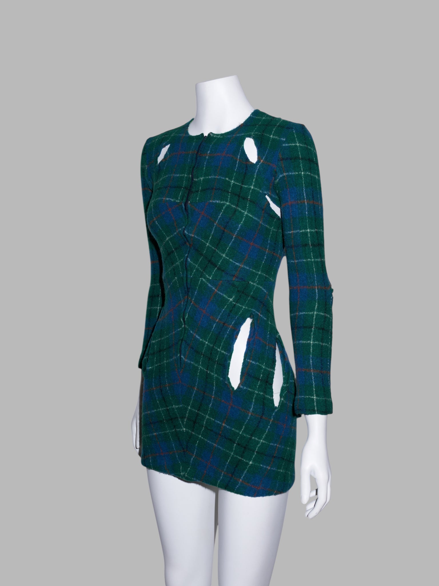 Junya Watanabe spring 1996 green plaid boiled wool slashed cut out mini dress