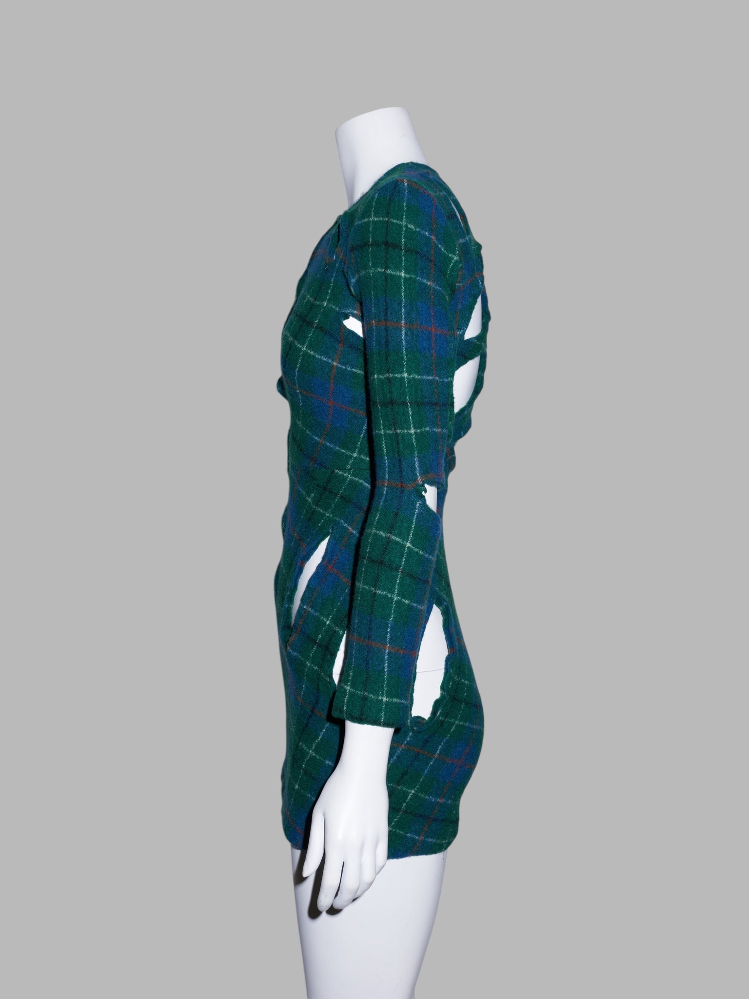 Junya Watanabe spring 1996 green plaid boiled wool slashed cut out mini dress