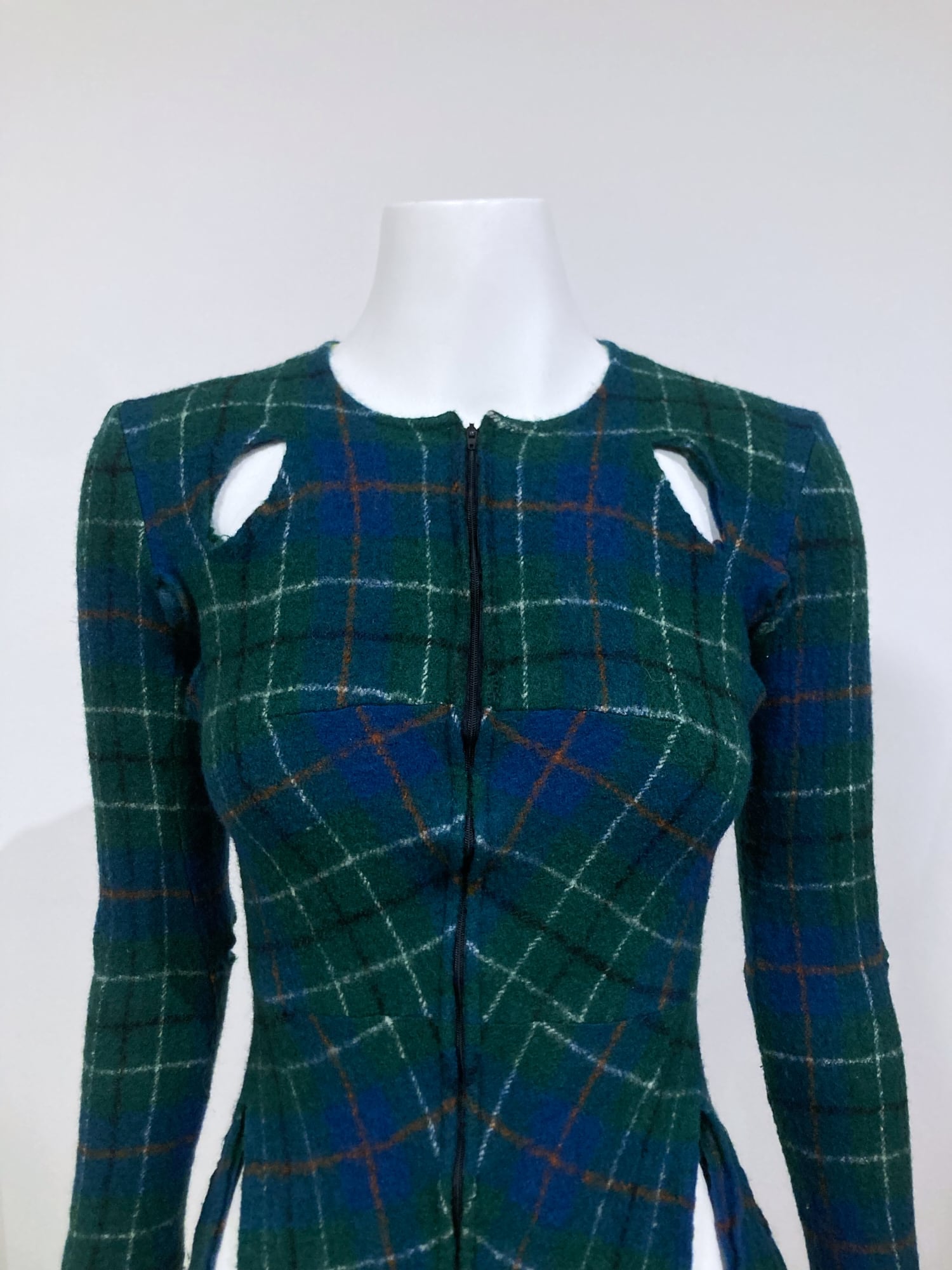 Junya Watanabe spring 1996 green plaid boiled wool slashed cut out mini dress