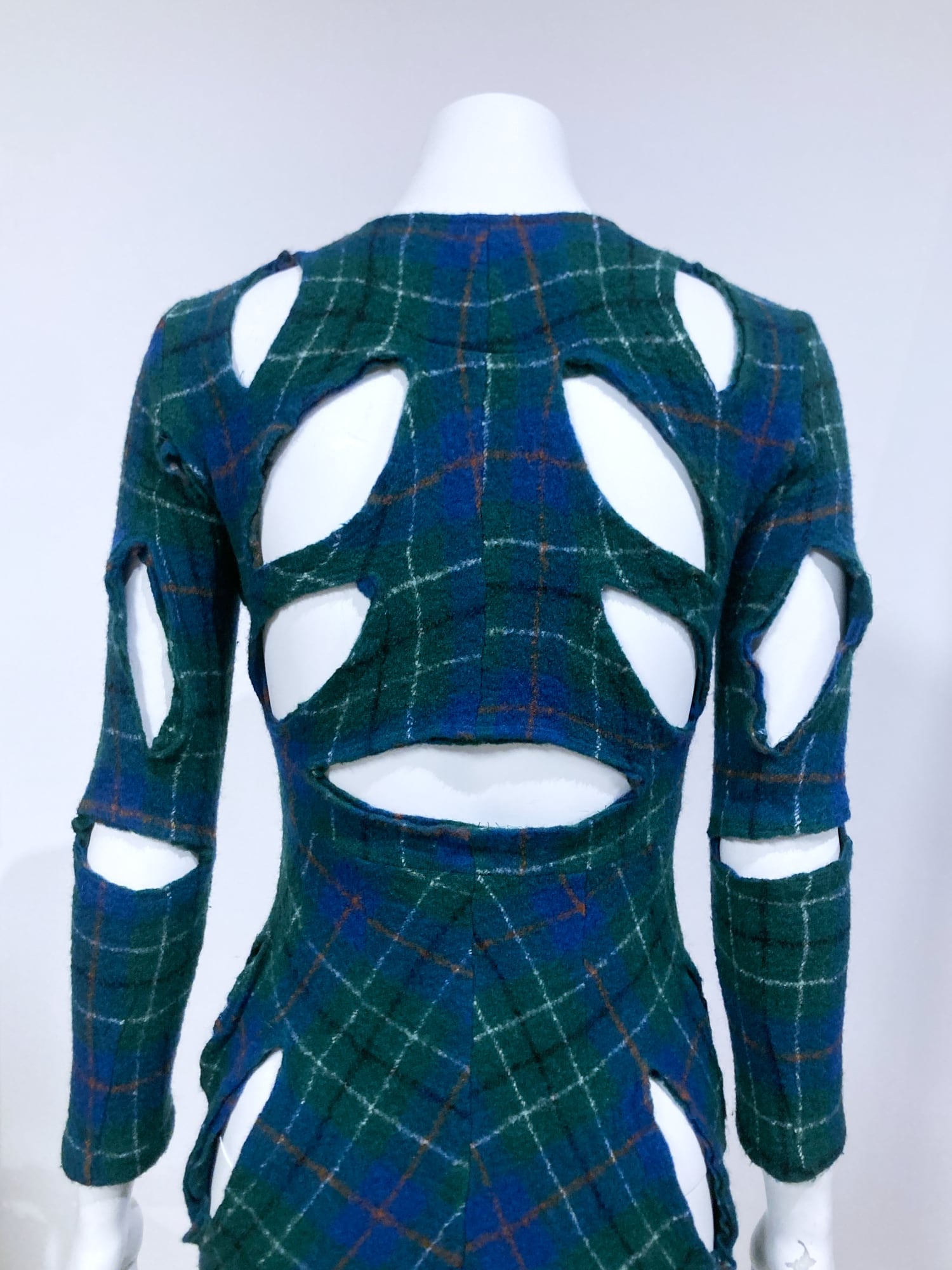 Junya Watanabe spring 1996 green plaid boiled wool slashed cut out mini dress