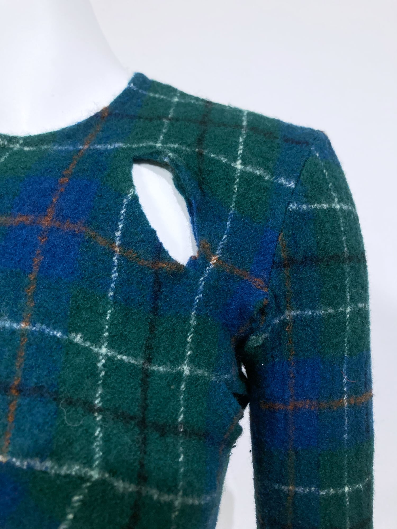 Junya Watanabe spring 1996 green plaid boiled wool slashed cut out mini dress
