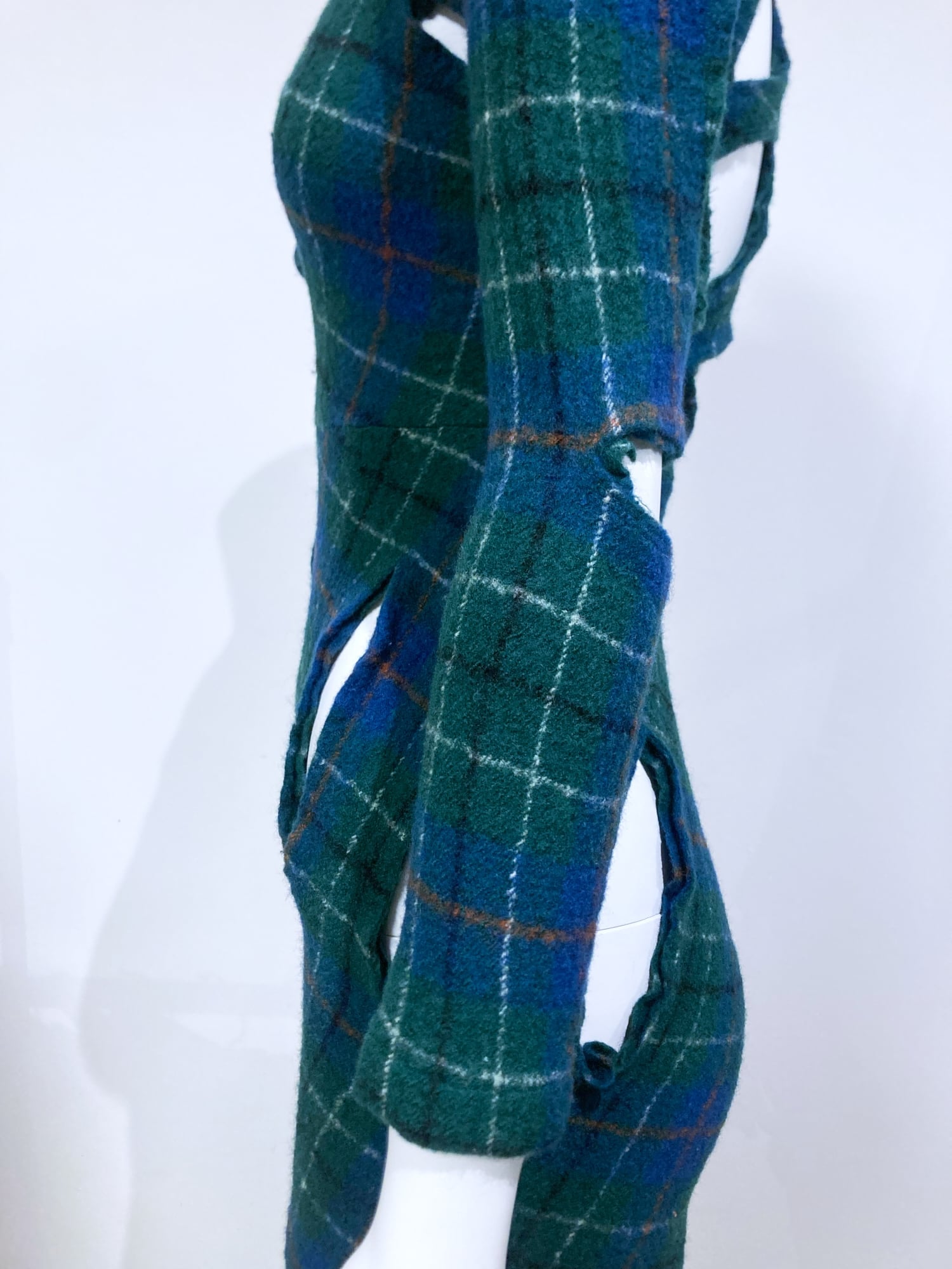 Junya Watanabe spring 1996 green plaid boiled wool slashed cut out mini dress