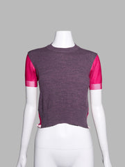 Junya Watanabe spring 1996 purple wool knit t-shirt with sheer pink nylon back