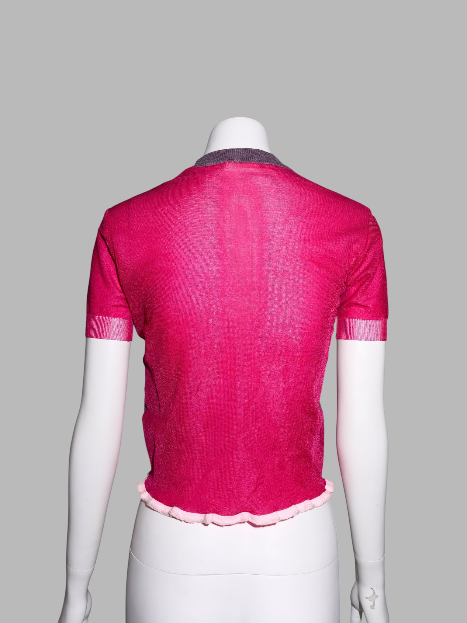 Junya Watanabe spring 1996 purple wool knit t-shirt with sheer pink nylon back