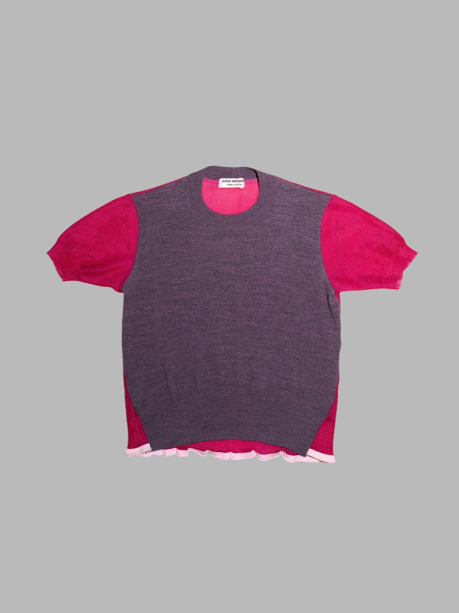 Junya Watanabe spring 1996 purple wool knit t-shirt with sheer pink nylon back