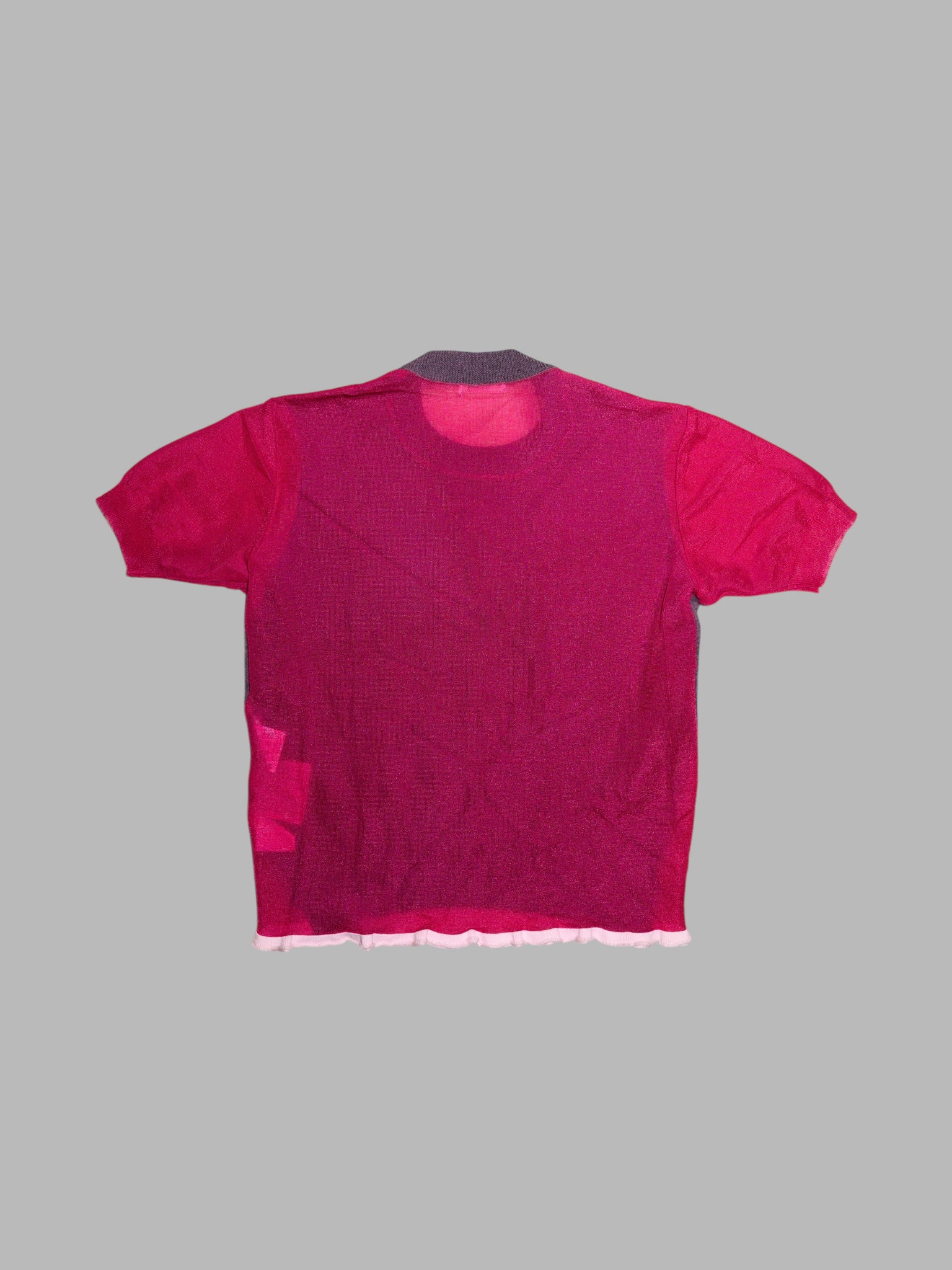 Junya Watanabe spring 1996 purple wool knit t-shirt with sheer pink nylon back