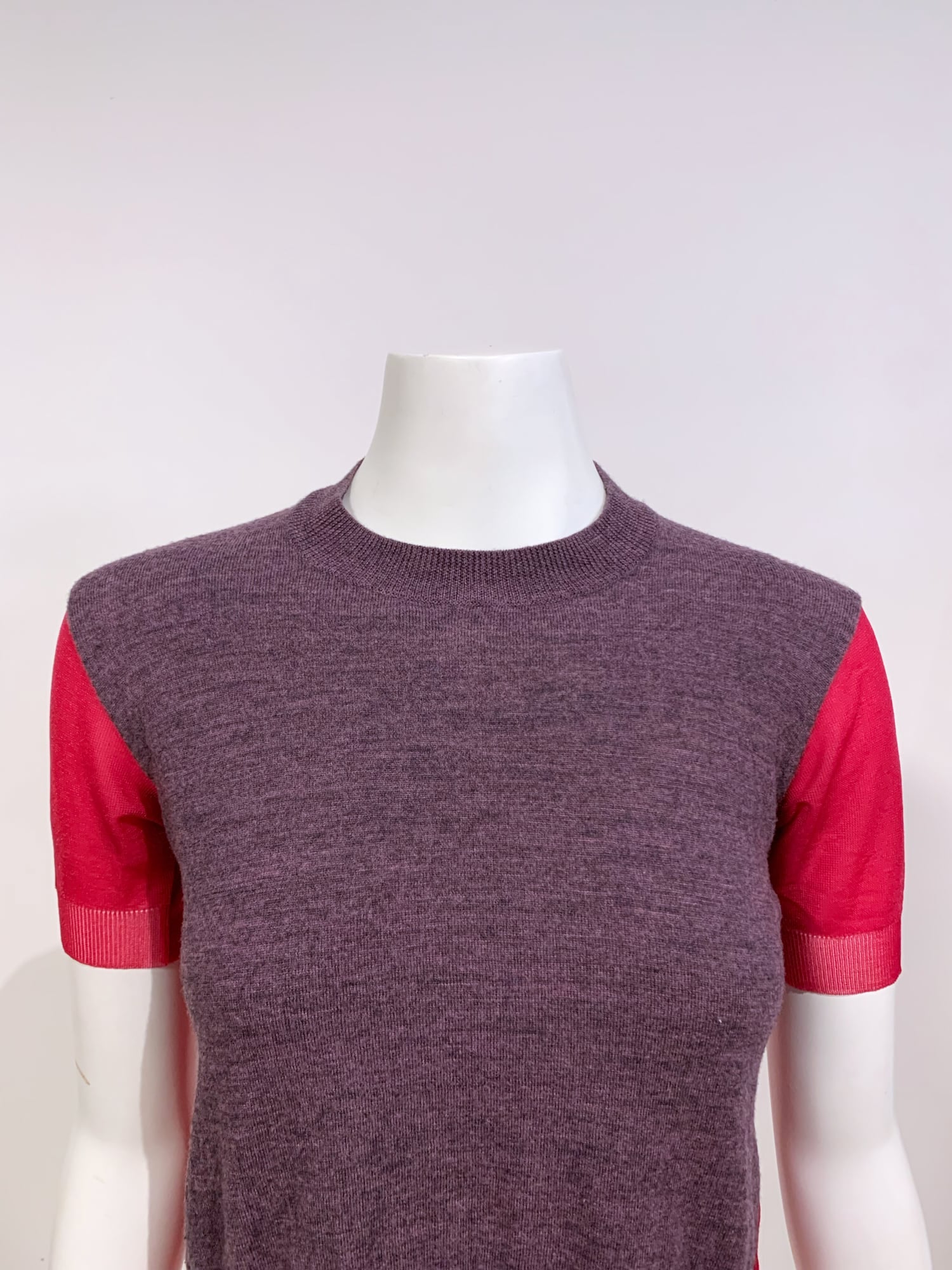 Junya Watanabe spring 1996 purple wool knit t-shirt with sheer pink nylon back