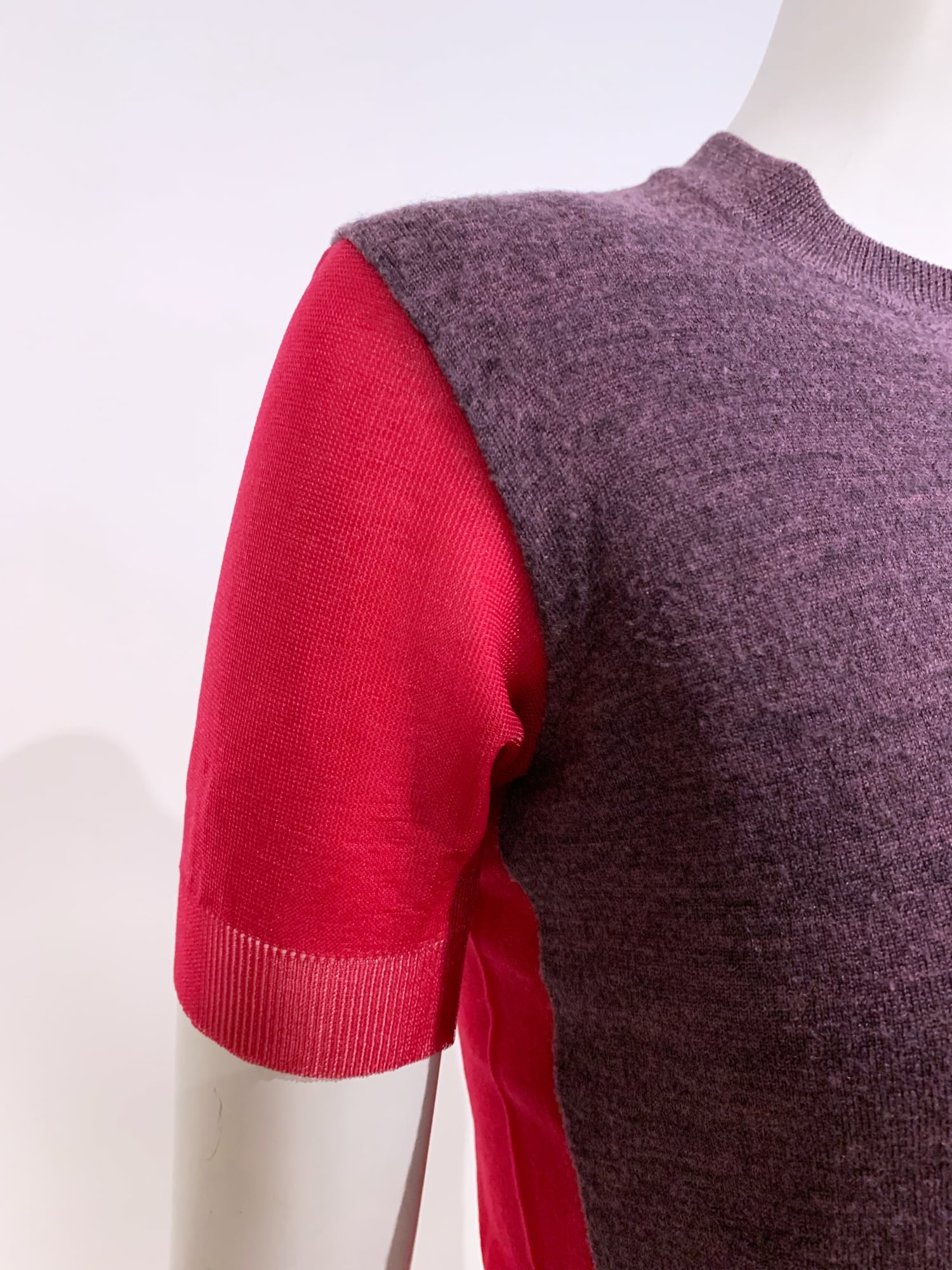 Junya Watanabe spring 1996 purple wool knit t-shirt with sheer pink nylon back