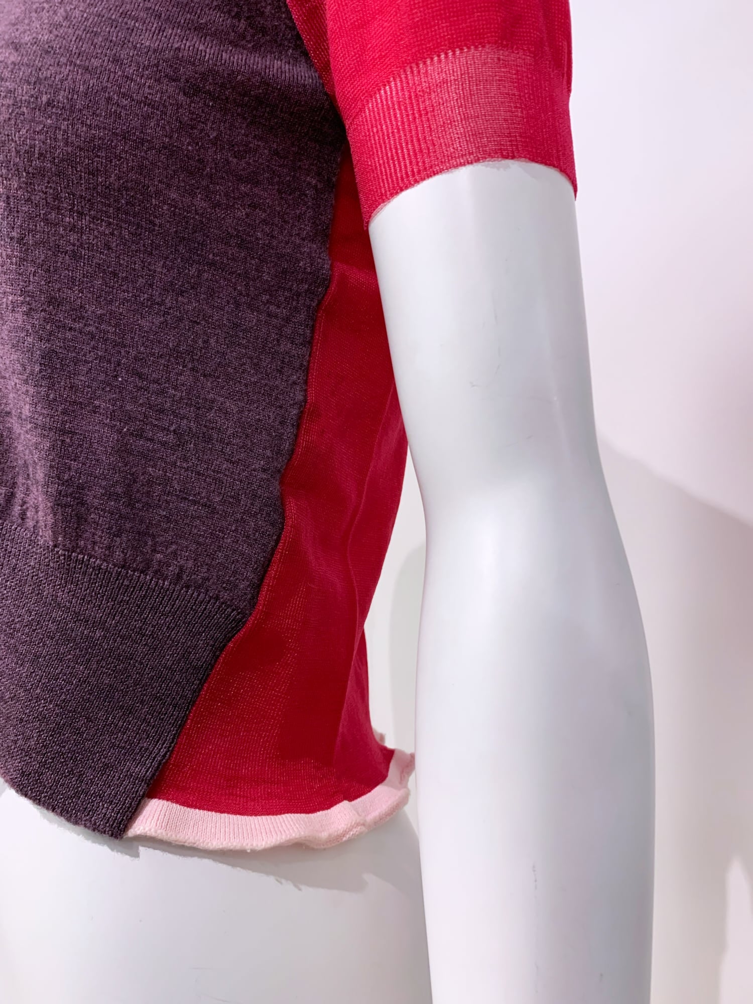 Junya Watanabe spring 1996 purple wool knit t-shirt with sheer pink nylon back