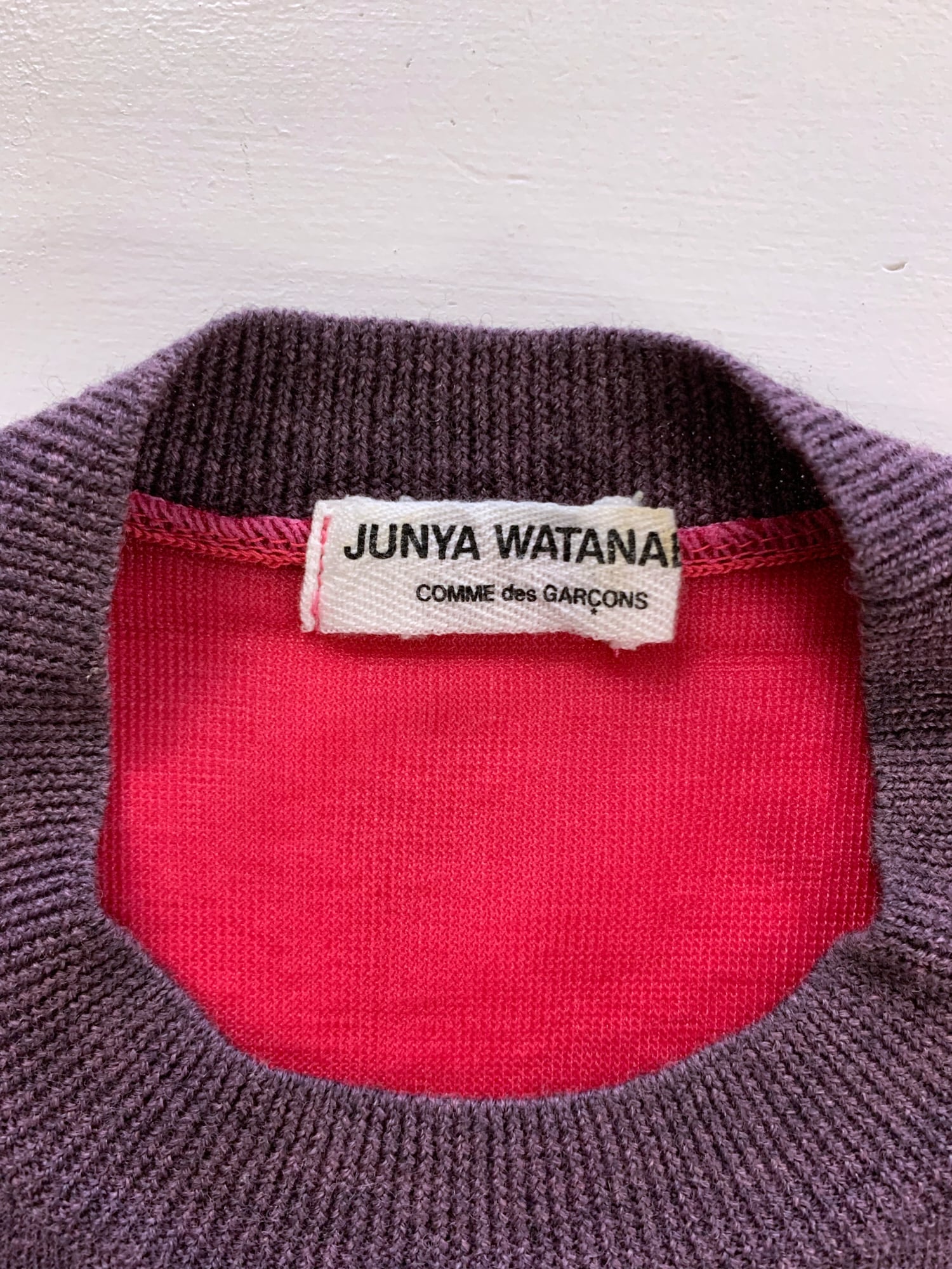 Junya Watanabe spring 1996 purple wool knit t-shirt with sheer pink nylon back