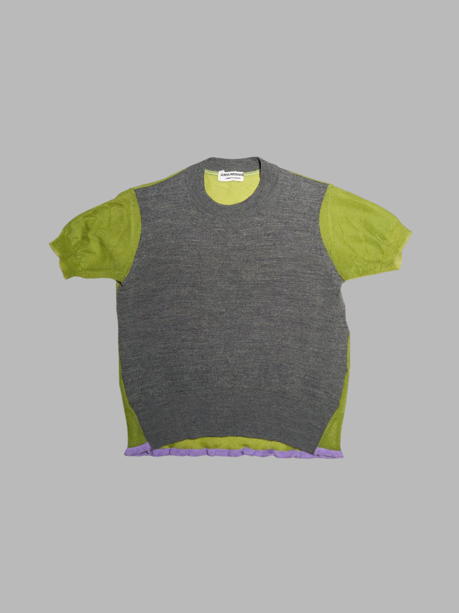 Junya Watanabe spring 1996 grey wool knit t-shirt with sheer green nylon back