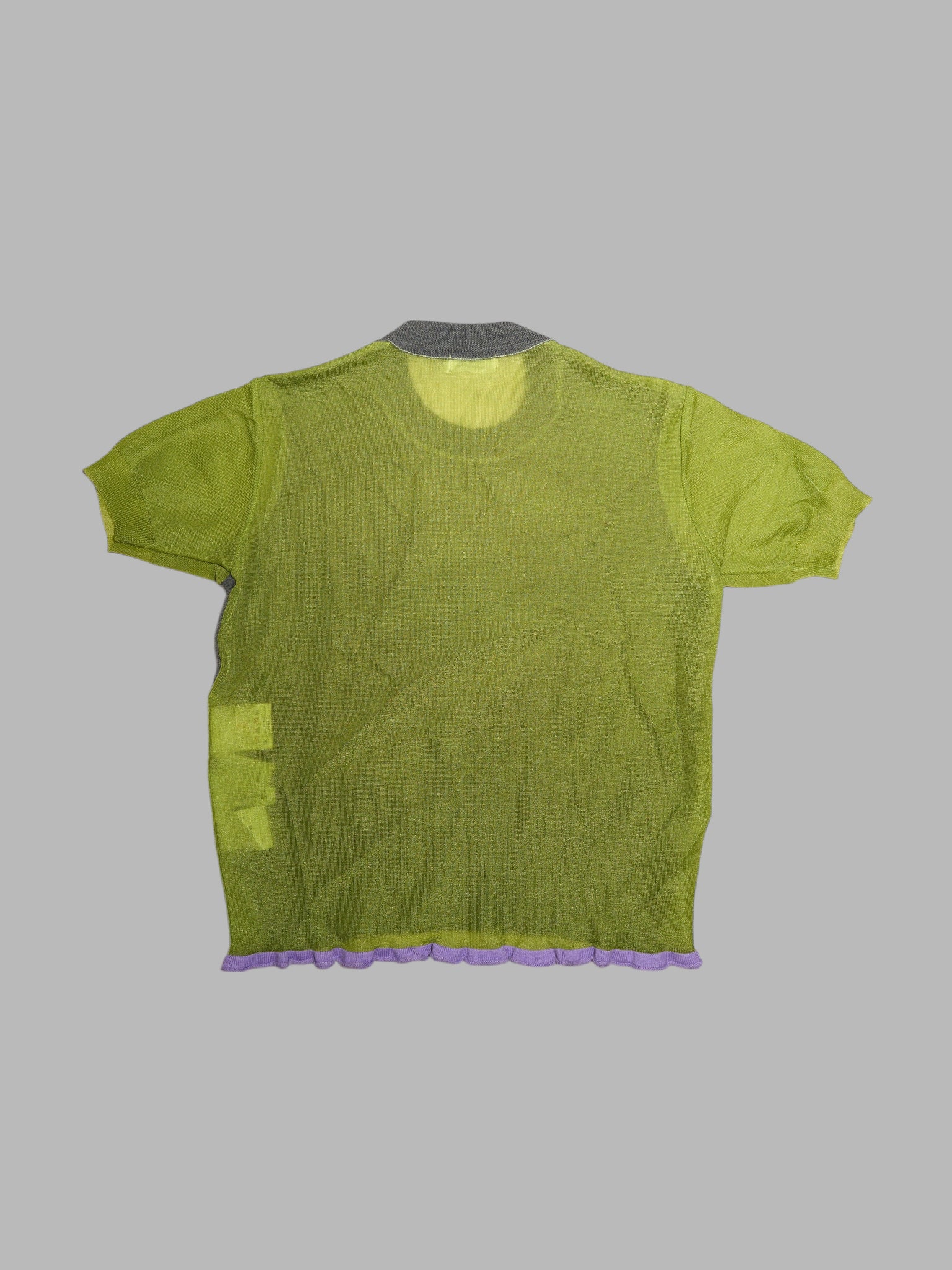 Junya Watanabe spring 1996 grey wool knit t-shirt with sheer green nylon back