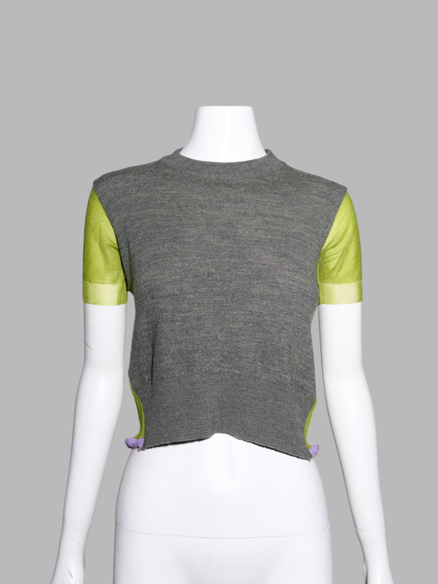 Junya Watanabe spring 1996 grey wool knit t-shirt with sheer green nylon back