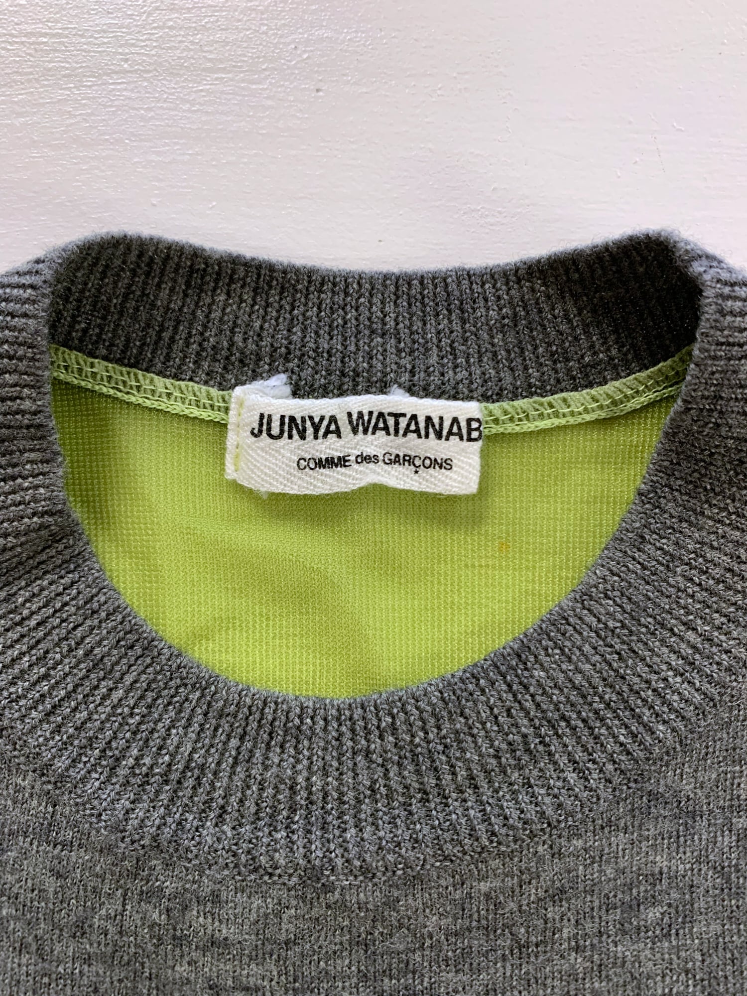 Junya Watanabe spring 1996 grey wool knit t-shirt with sheer green nylon back