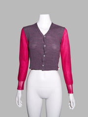 Junya Watanabe spring 1996 purple wool knit cardigan with sheer pink nylon back