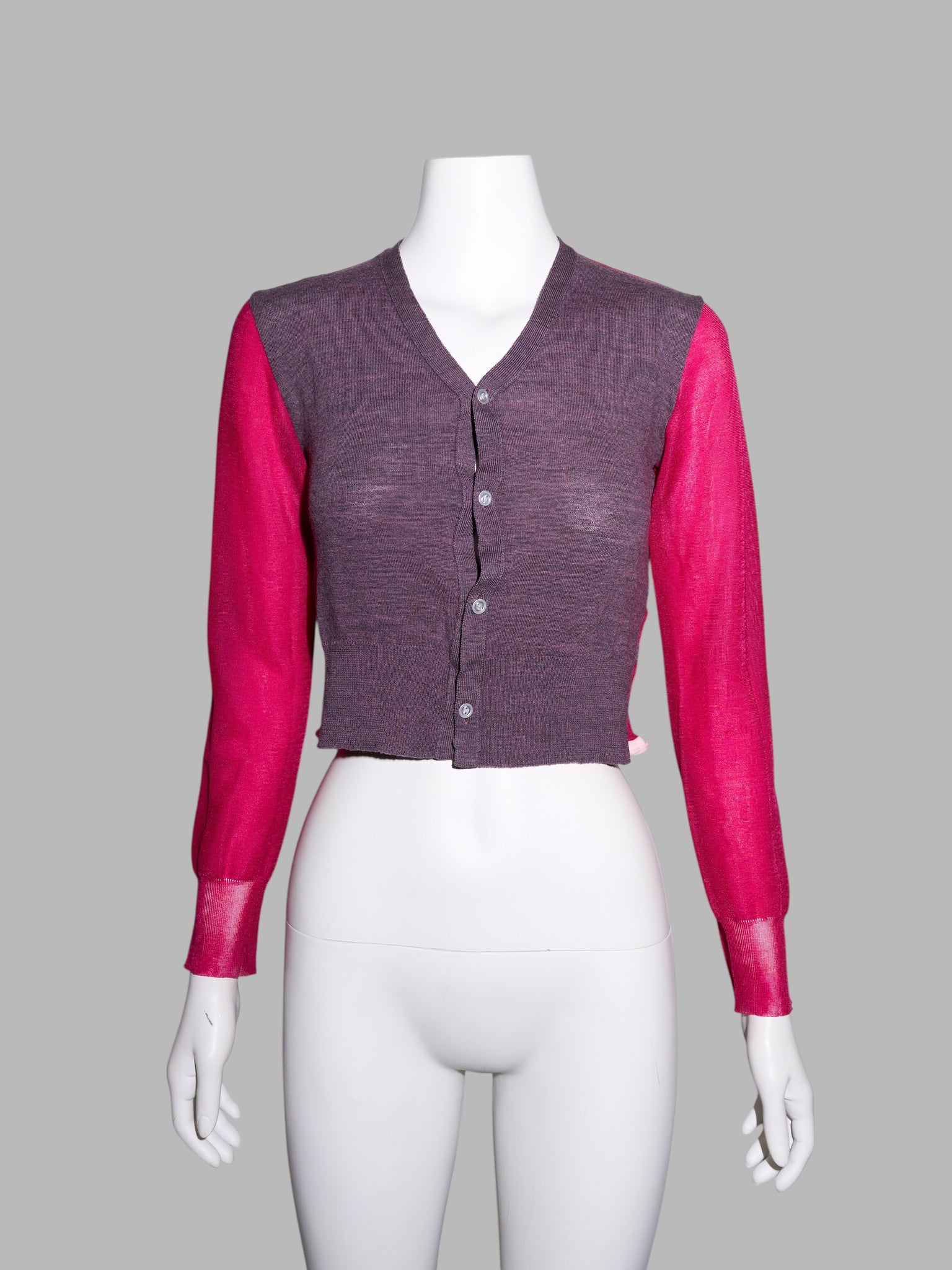 Junya Watanabe spring 1996 purple wool knit cardigan with sheer pink nylon back