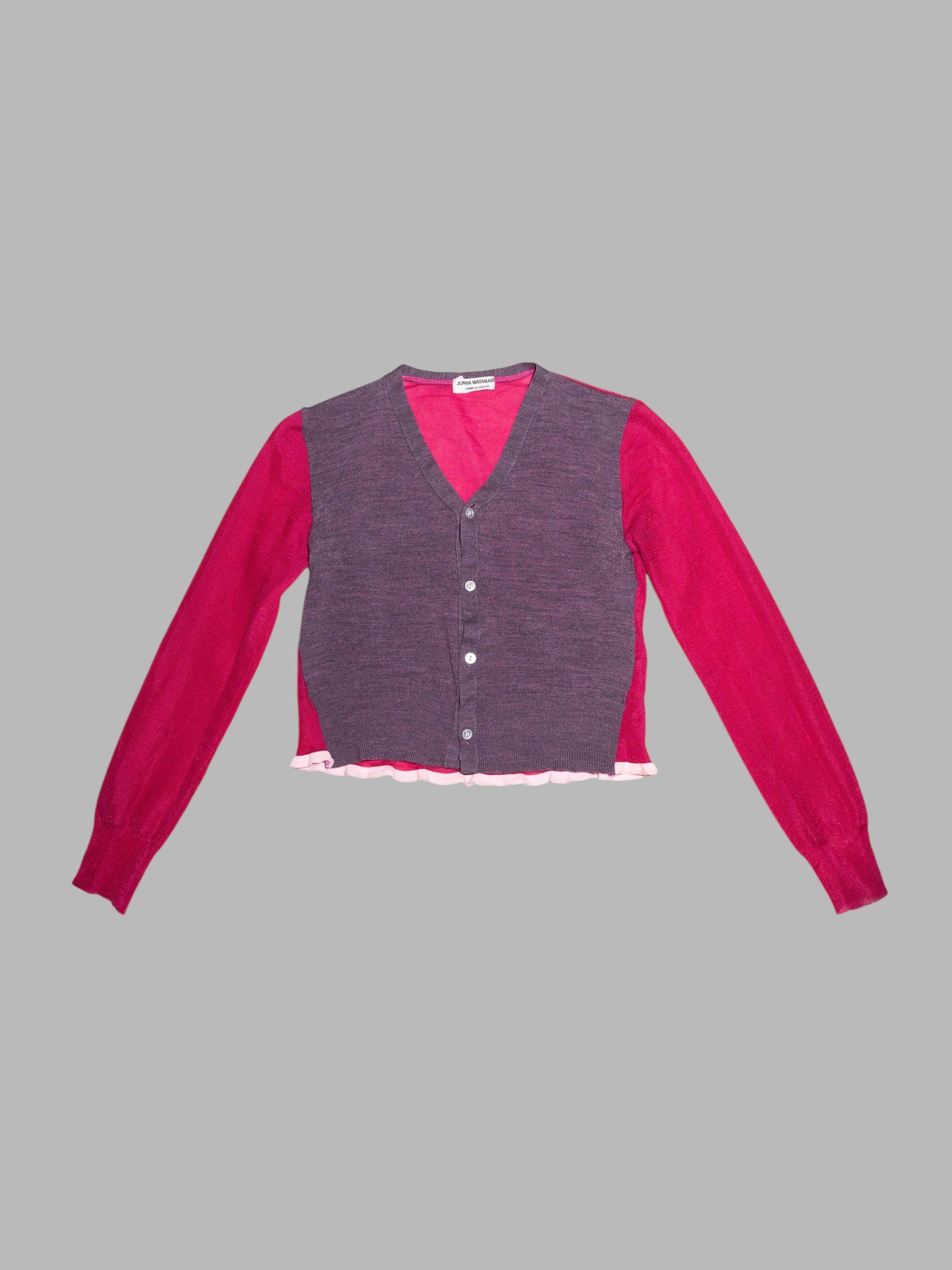 Junya Watanabe spring 1996 purple wool knit cardigan with sheer pink nylon back
