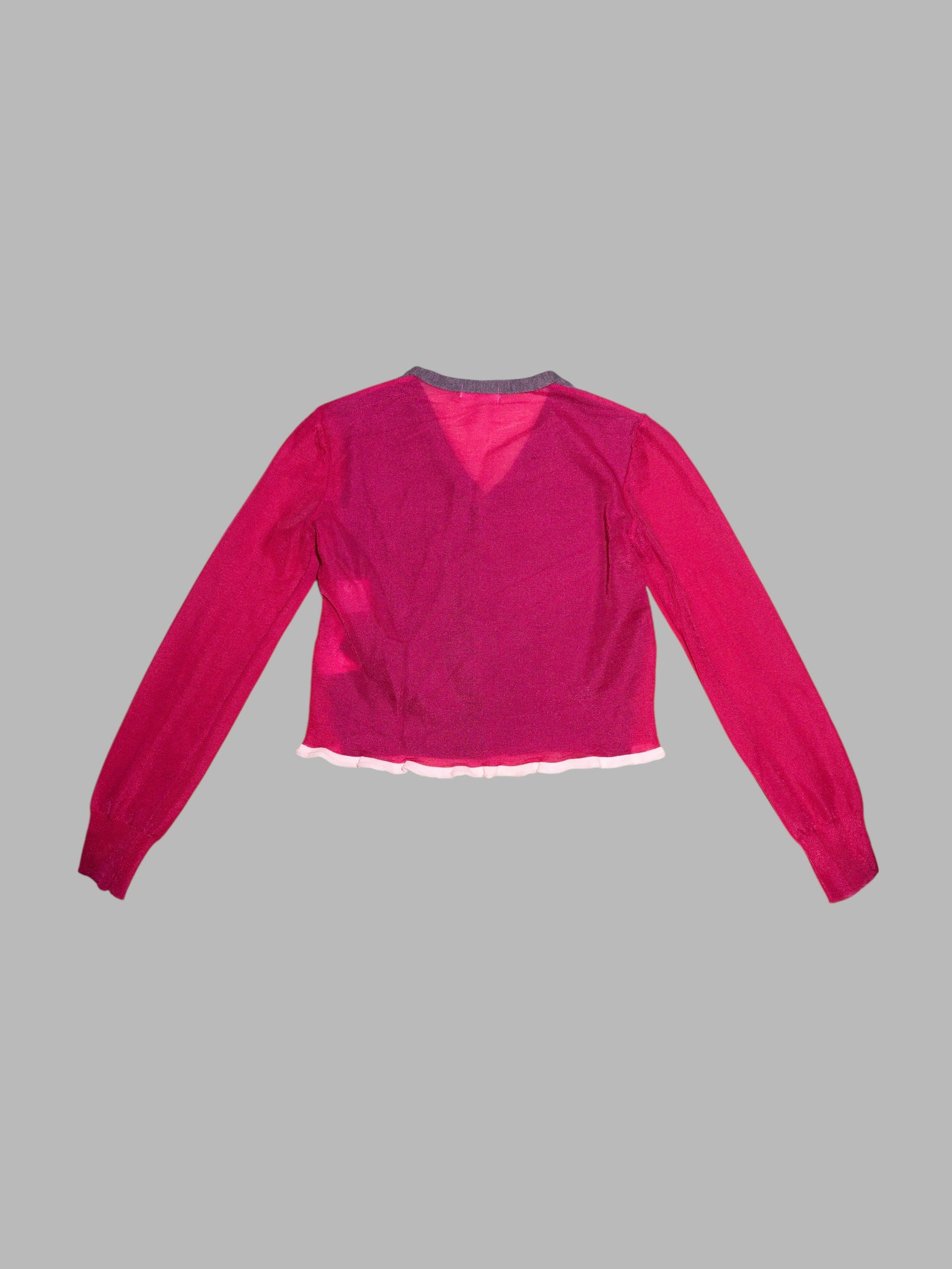 Junya Watanabe spring 1996 purple wool knit cardigan with sheer pink nylon back