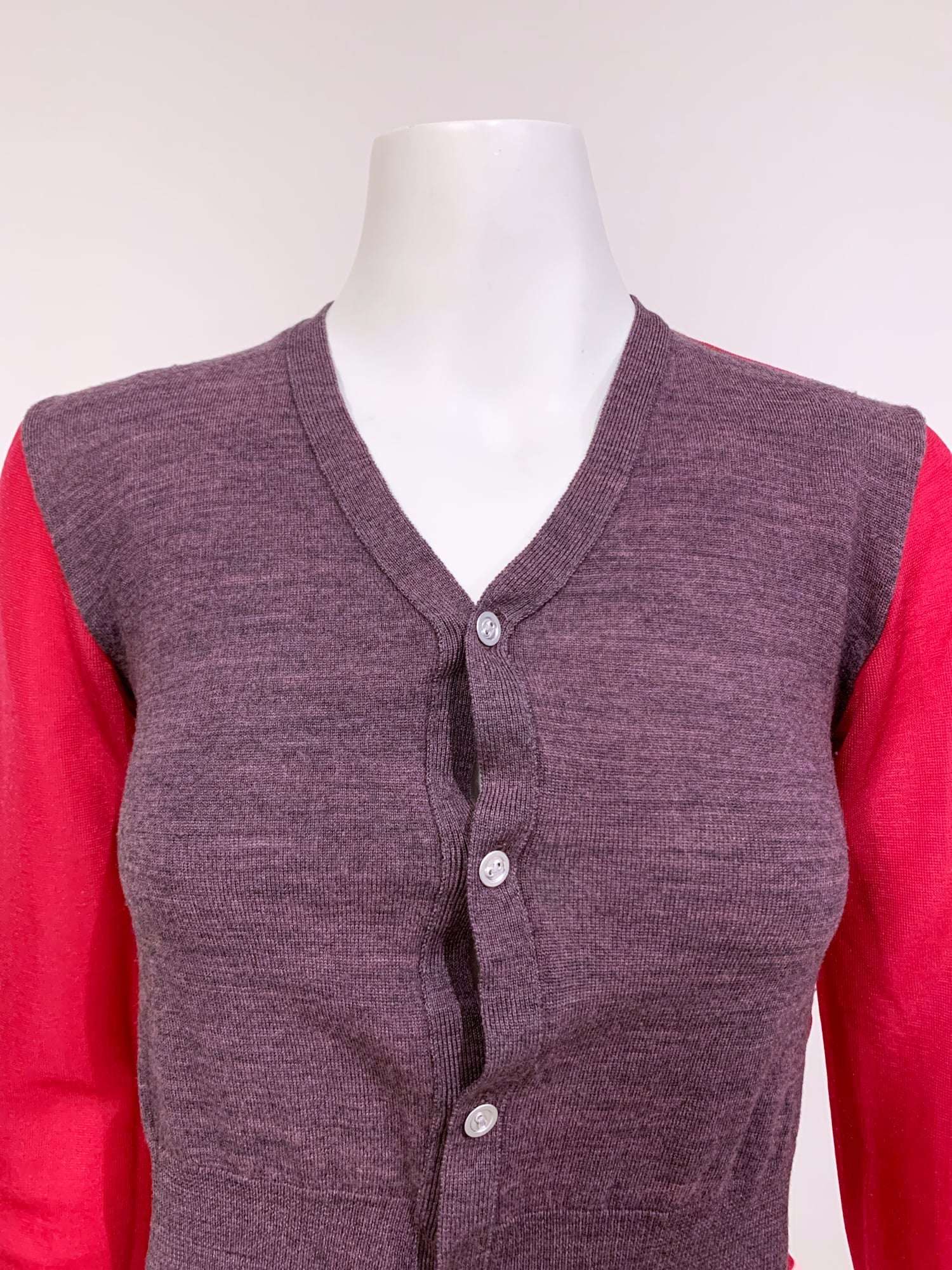Junya Watanabe spring 1996 purple wool knit cardigan with sheer pink nylon back