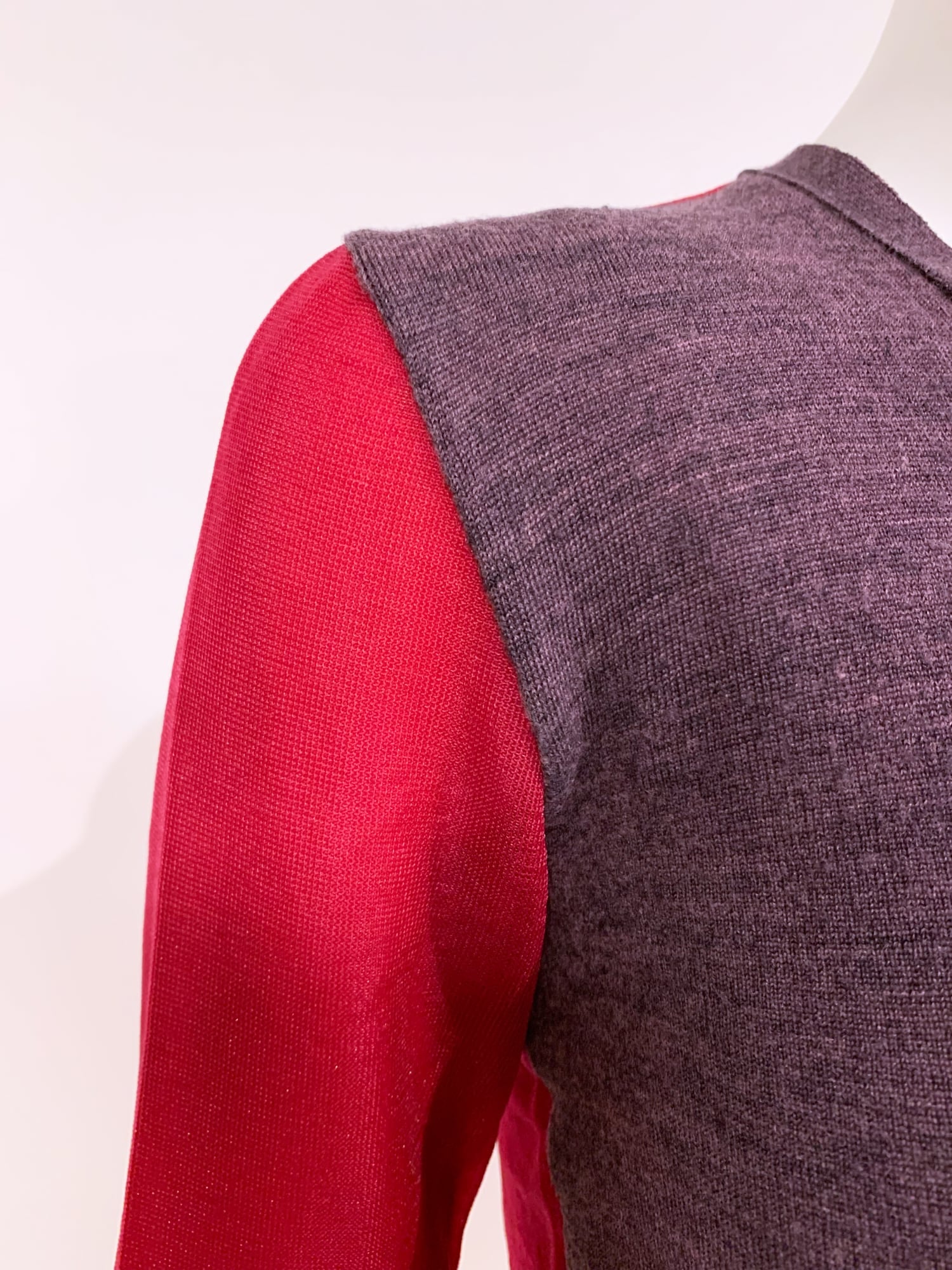 Junya Watanabe spring 1996 purple wool knit cardigan with sheer pink nylon back