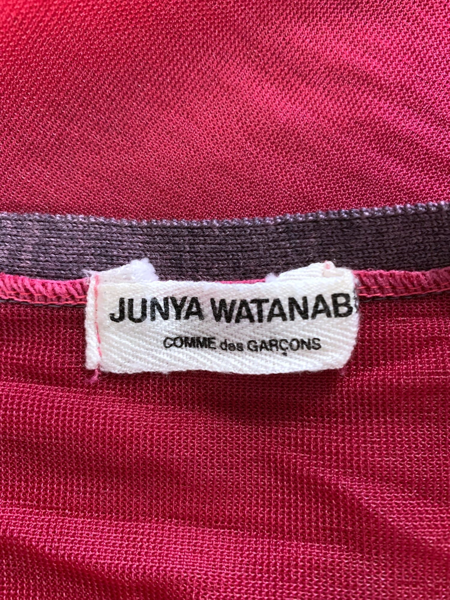 Junya Watanabe spring 1996 purple wool knit cardigan with sheer pink nylon back