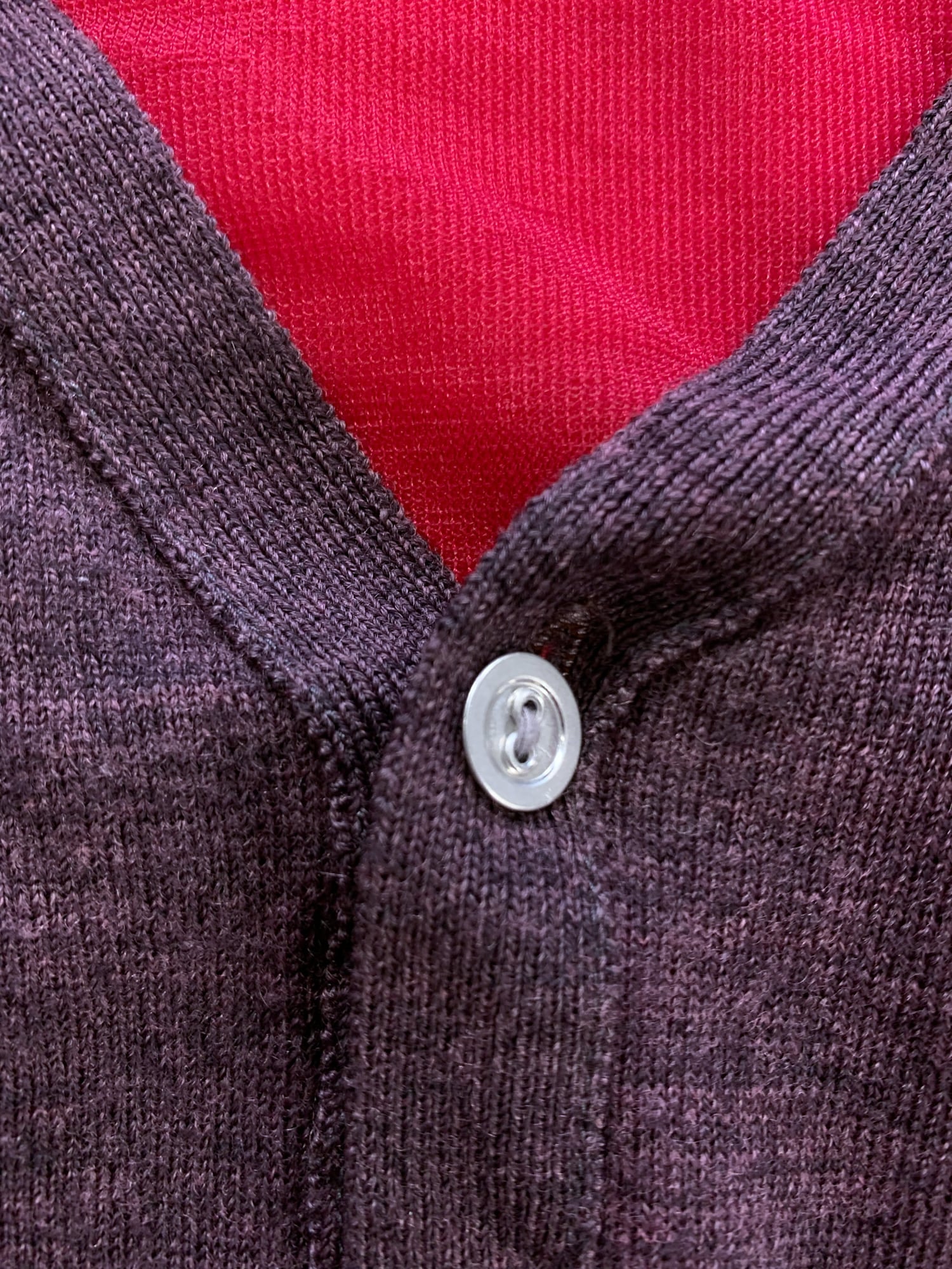 Junya Watanabe spring 1996 purple wool knit cardigan with sheer pink nylon back