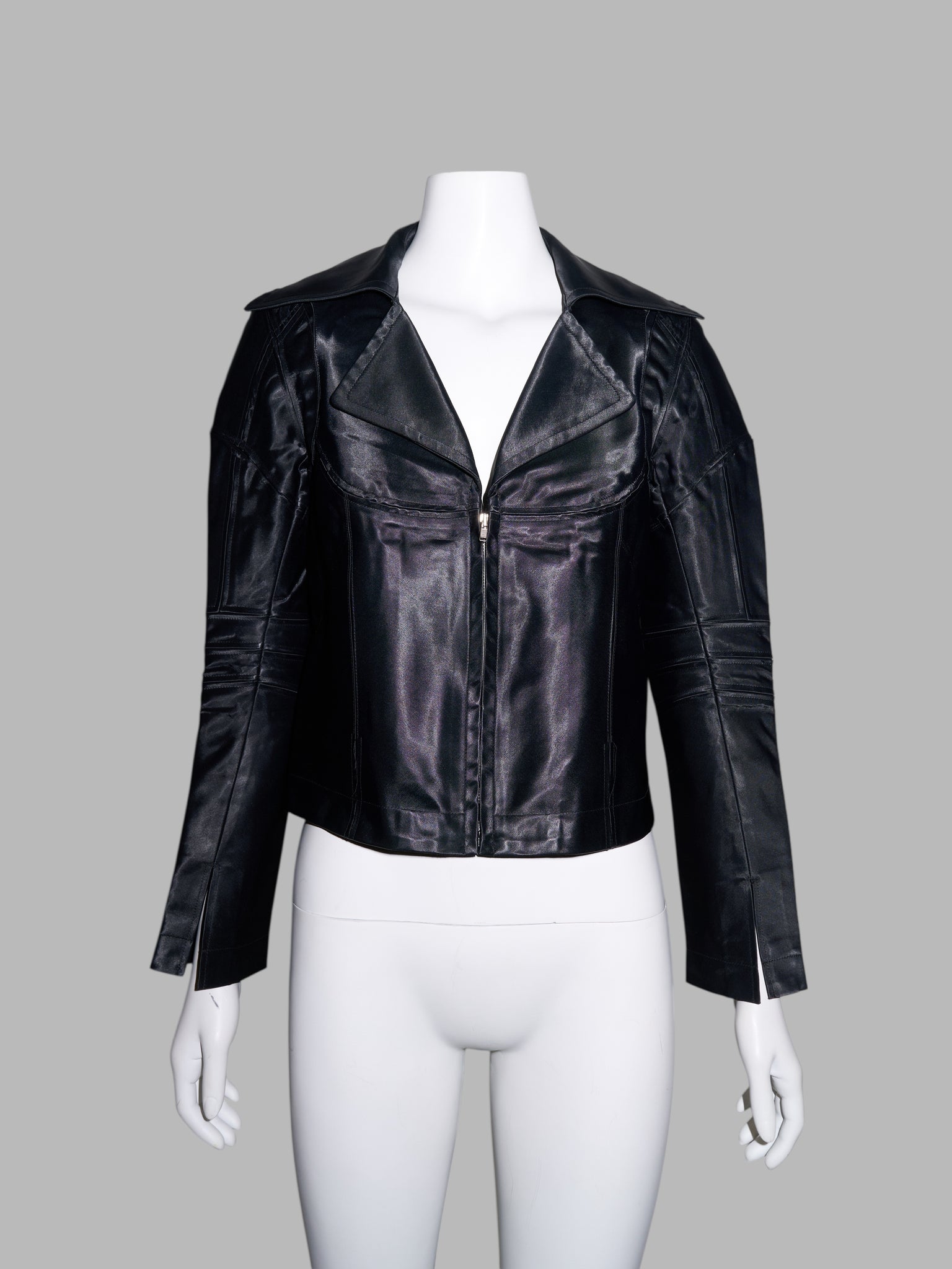 Junya Watanabe winter 1995 cropped glossy black nylon panelled biker jacket