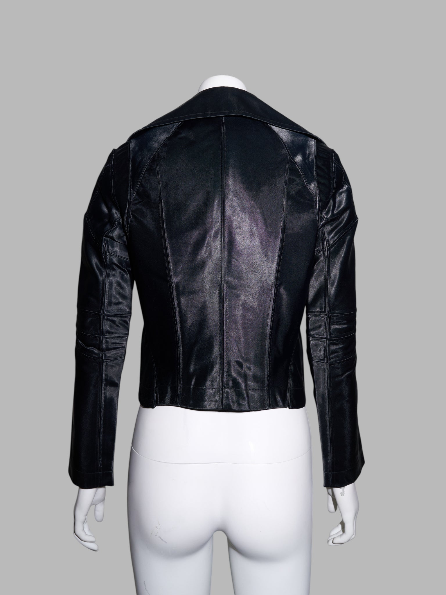 Junya Watanabe winter 1995 cropped glossy black nylon panelled biker jacket