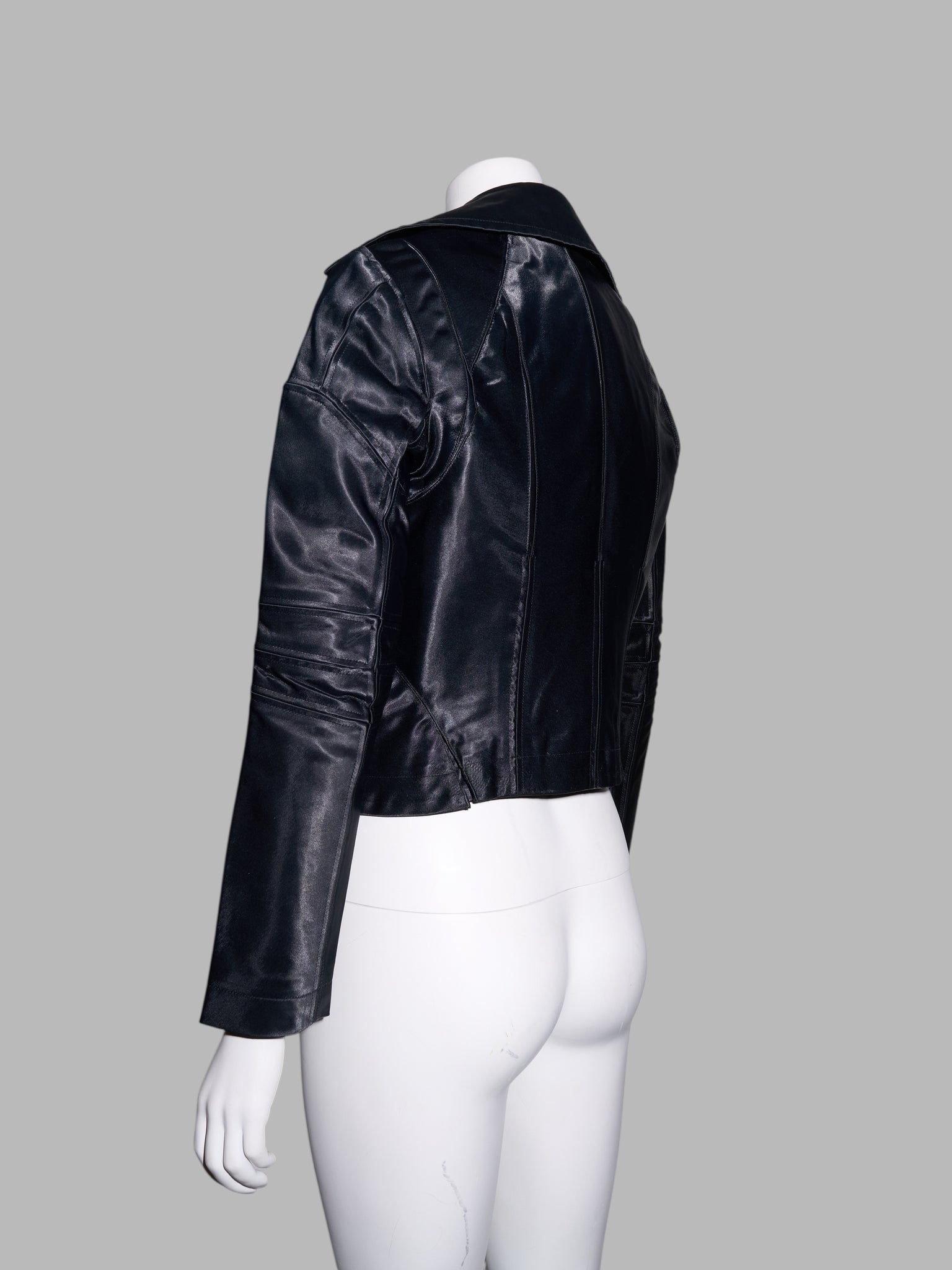 Junya Watanabe winter 1995 cropped glossy black nylon panelled biker jacket