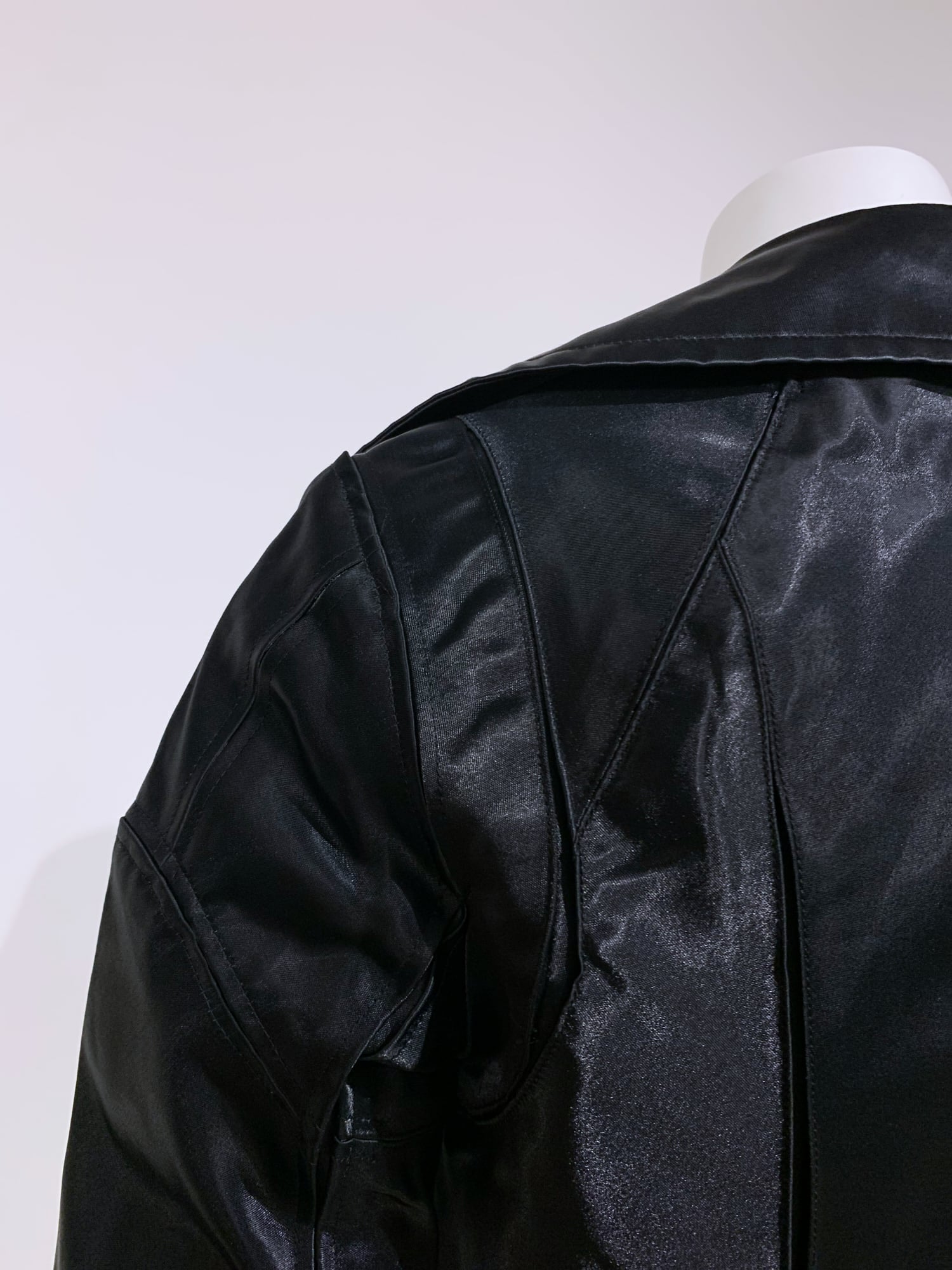 Junya Watanabe winter 1995 cropped glossy black nylon panelled biker jacket
