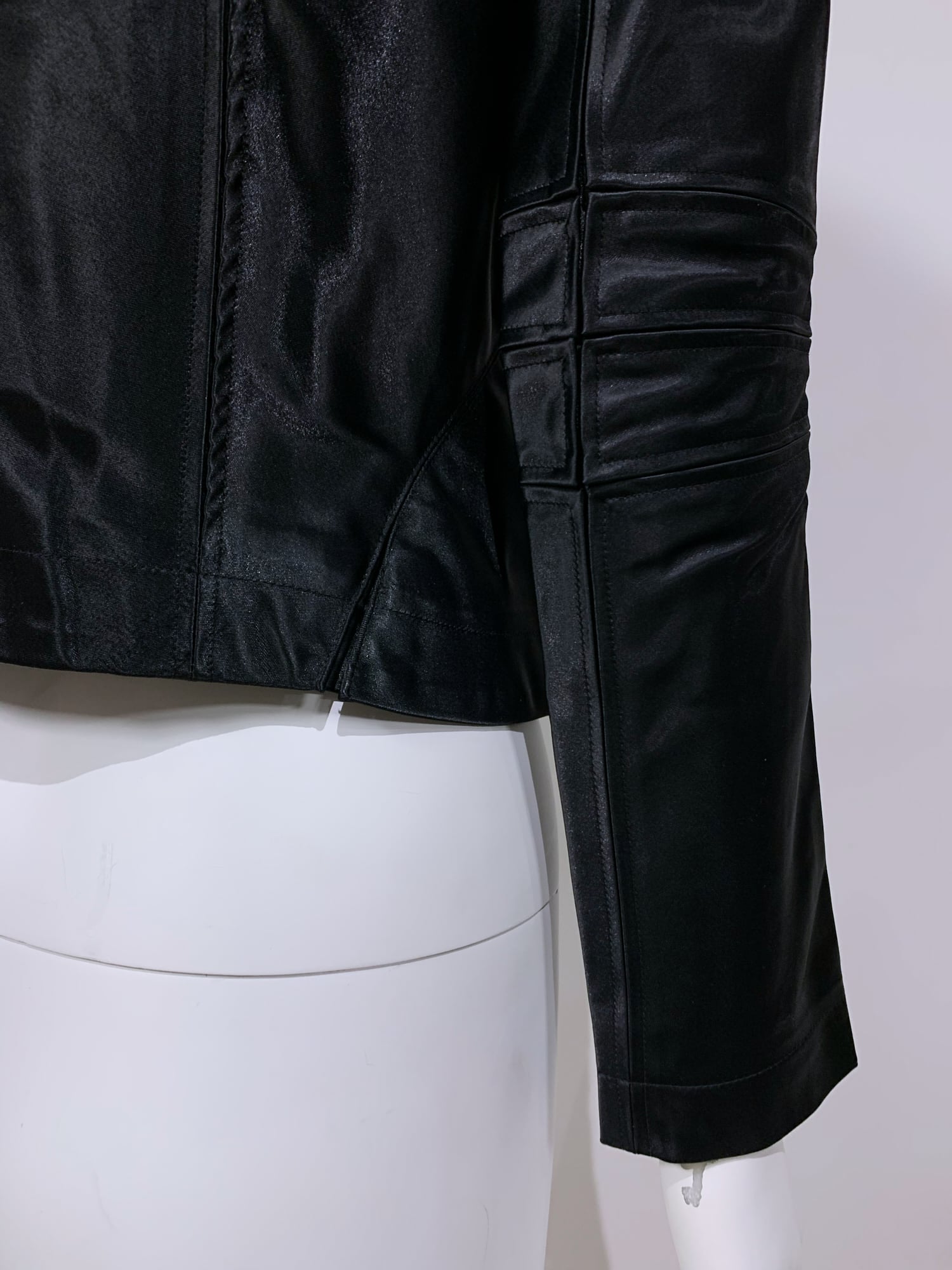 Junya Watanabe winter 1995 cropped glossy black nylon panelled biker jacket